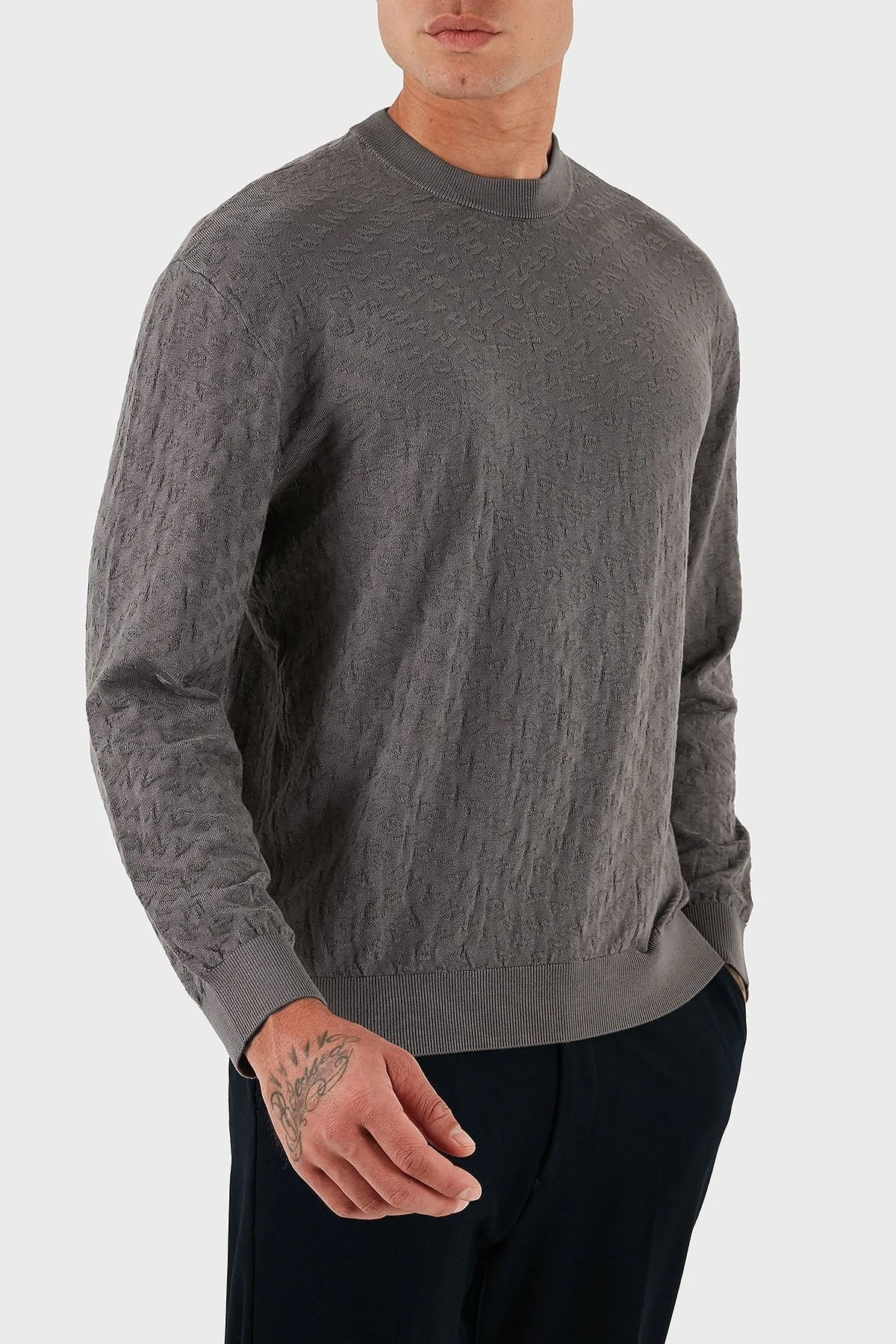 Armani Exchange Jakarlı Logo Baskılı Regular Fit Bisiklet Yaka Erkek Kazak XM001316 AF10454 U8092 KOYU GRİ - 5