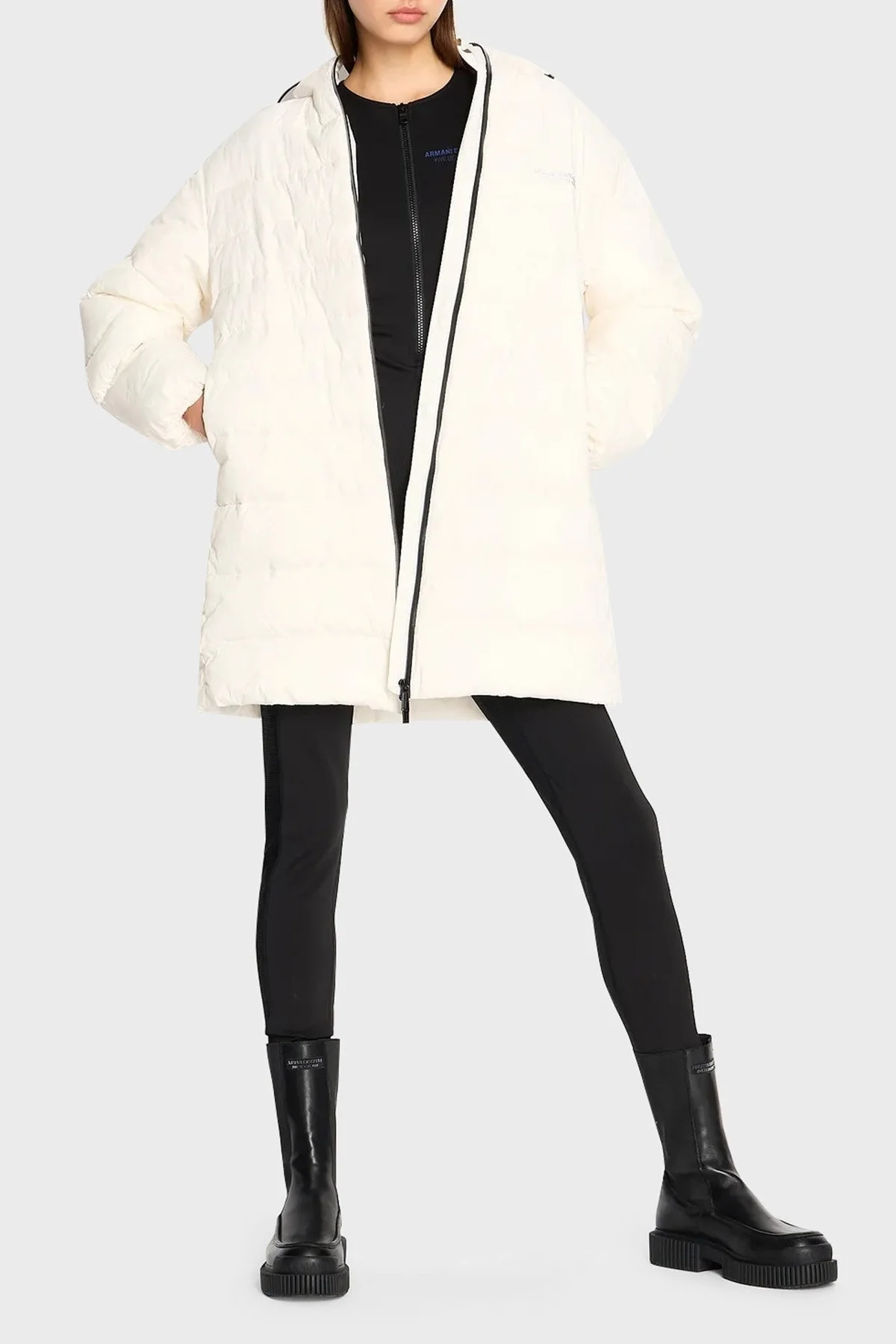 Armani Exchange Kapüşonlu Çift Yönlü Fermuarlı Regular Fit Şişme Uzun Bayan Mont 6RYK19 YN4MZ 1130 EKRU - 1