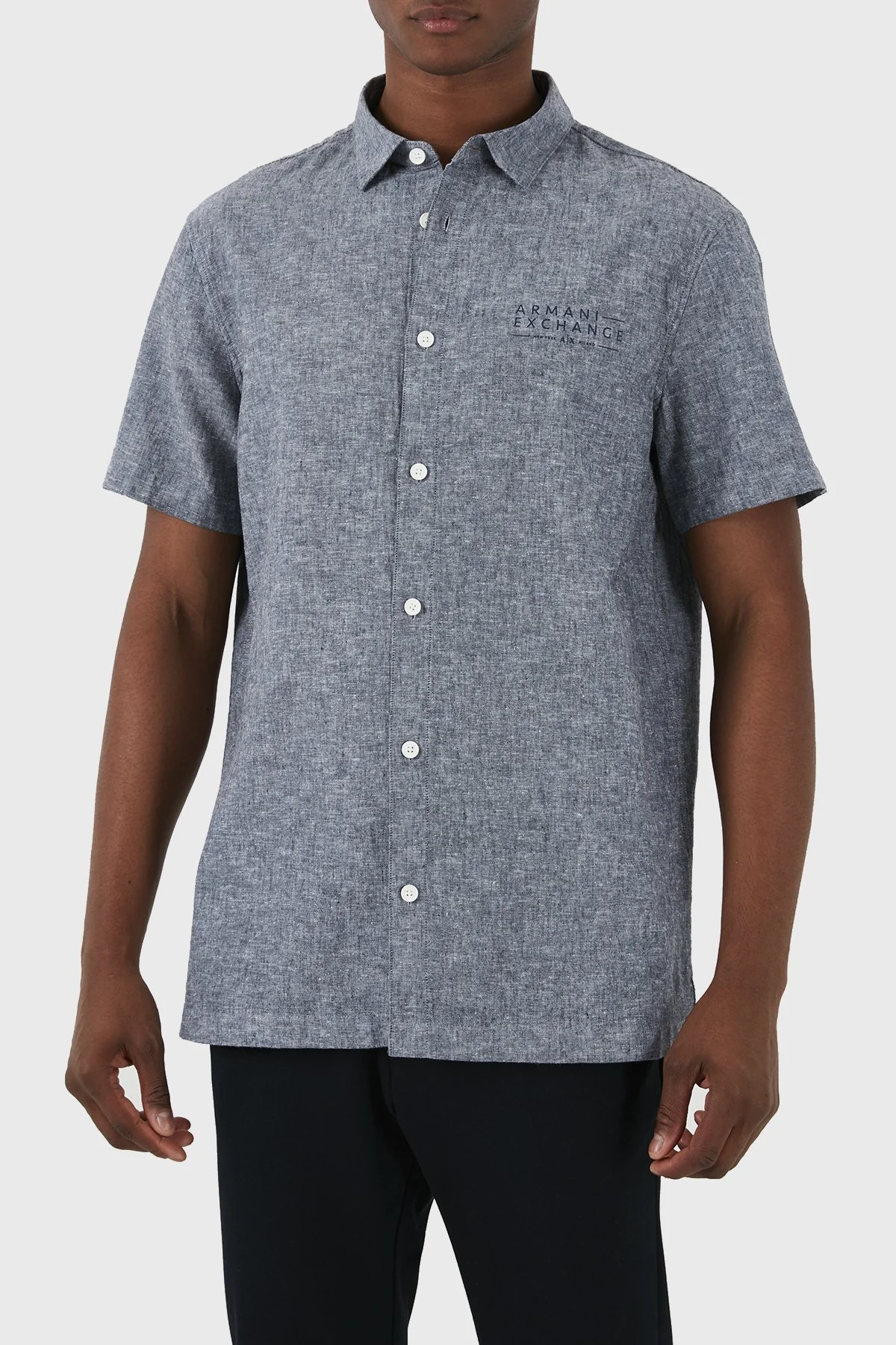 Armani Exchange Keten Karışımlı Regular Fit Kısa Kollu Erkek Gömlek 3DZC30 ZN4IZ 65BD LACİVERT - 7