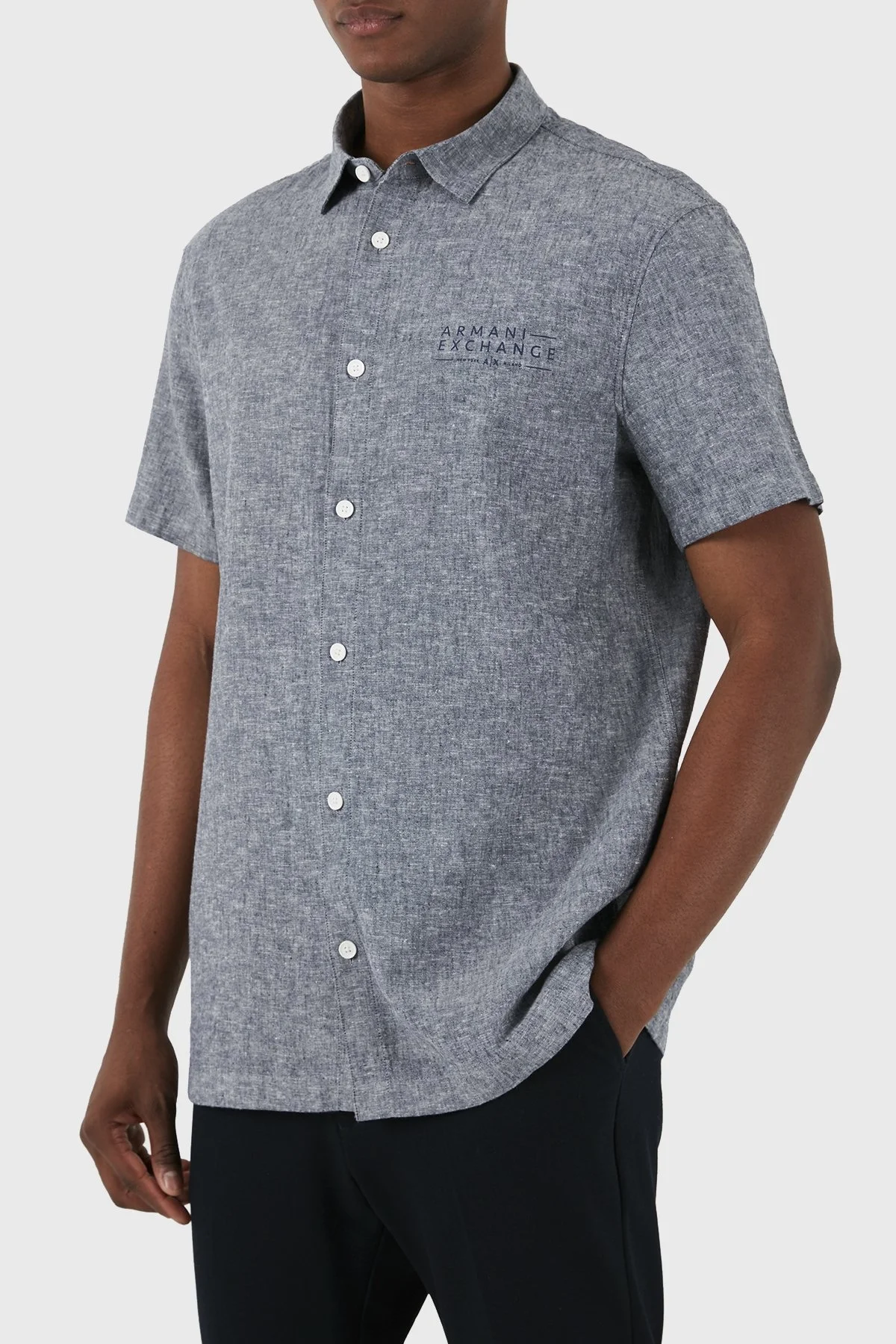 Armani Exchange Keten Karışımlı Regular Fit Kısa Kollu Erkek Gömlek 3DZC30 ZN4IZ 65BD LACİVERT - 8