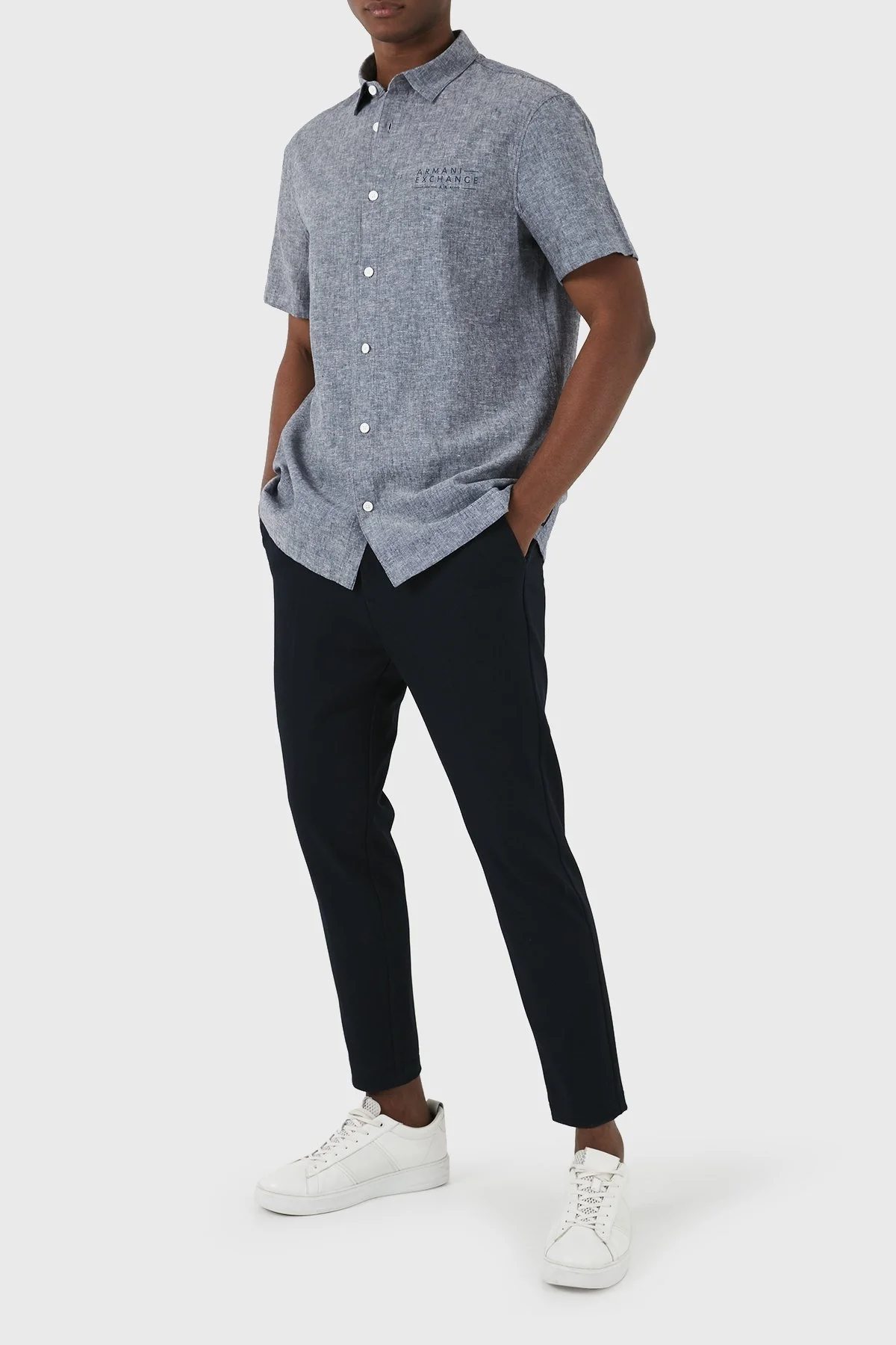 Armani Exchange Keten Karışımlı Regular Fit Kısa Kollu Erkek Gömlek 3DZC30 ZN4IZ 65BD LACİVERT - 10