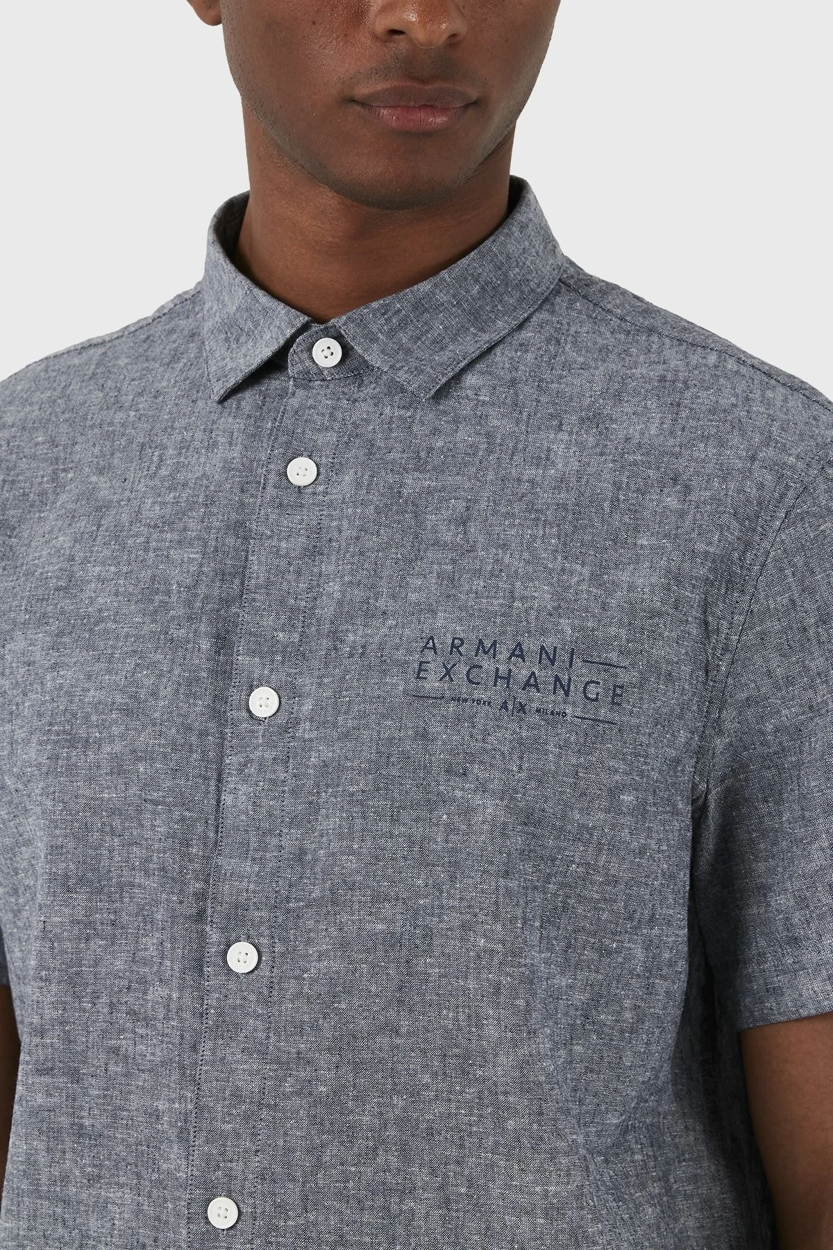 Armani Exchange Keten Karışımlı Regular Fit Kısa Kollu Erkek Gömlek 3DZC30 ZN4IZ 65BD LACİVERT - 12
