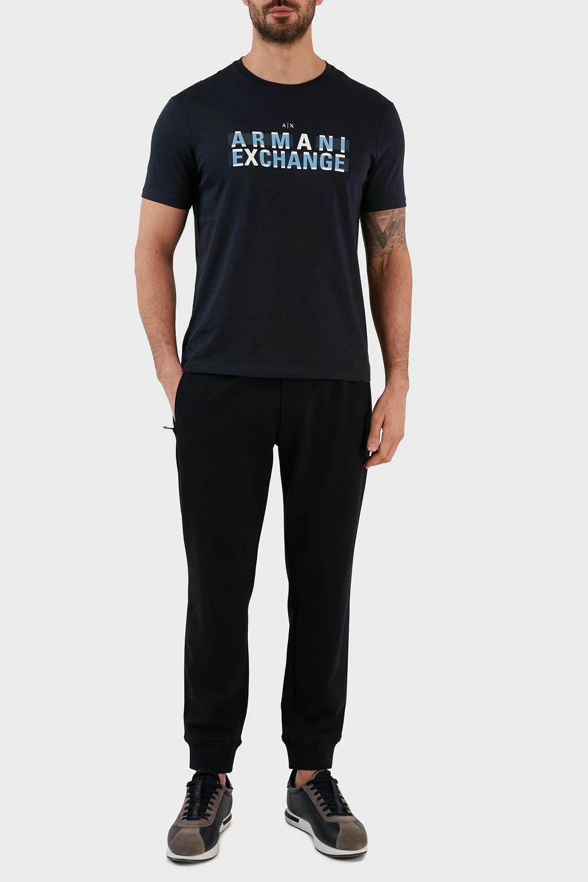 Armani Exchange Logo Baskılı Bisiklet Yaka % 100 Pamuk Regular Fit Erkek T Shirt 3RZTBC ZJA5Z 1510 LACİVERT - 1