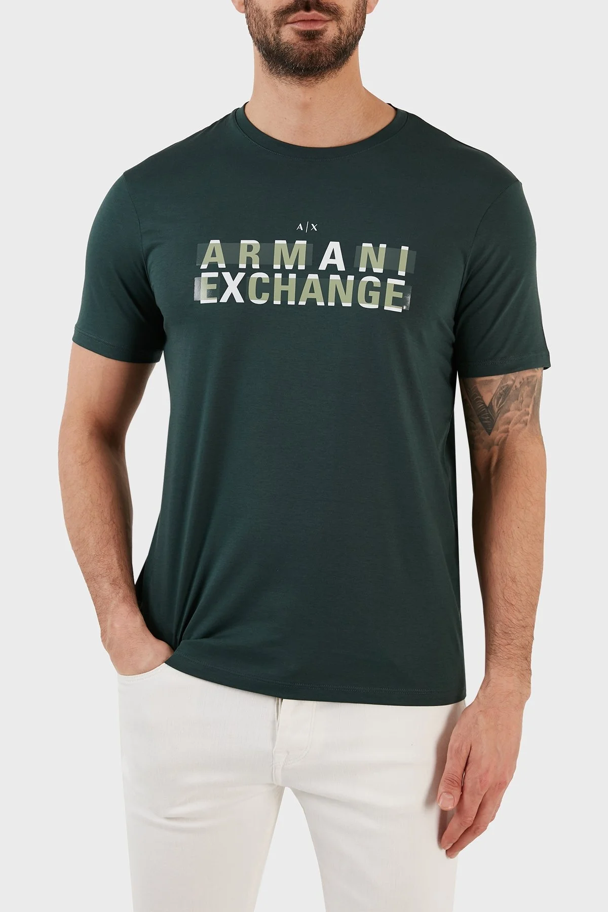 Armani Exchange Logo Baskılı Bisiklet Yaka % 100 Pamuk Regular Fit Erkek T Shirt 3RZTBC ZJA5Z 1882 HAKİ - 1