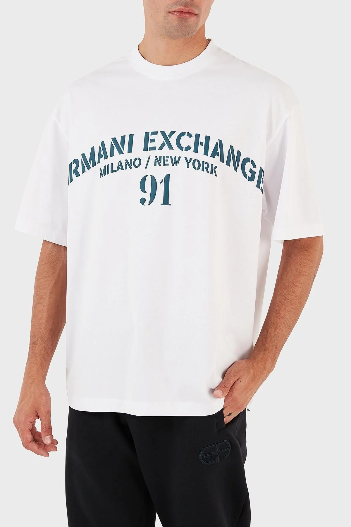 Armani Exchange Logo Baskılı Bisiklet Yaka % 100 Pamuk Relaxed Fit Erkek T Shirt 6RZTLD ZJ9JZ 91AG BEYAZ - 8