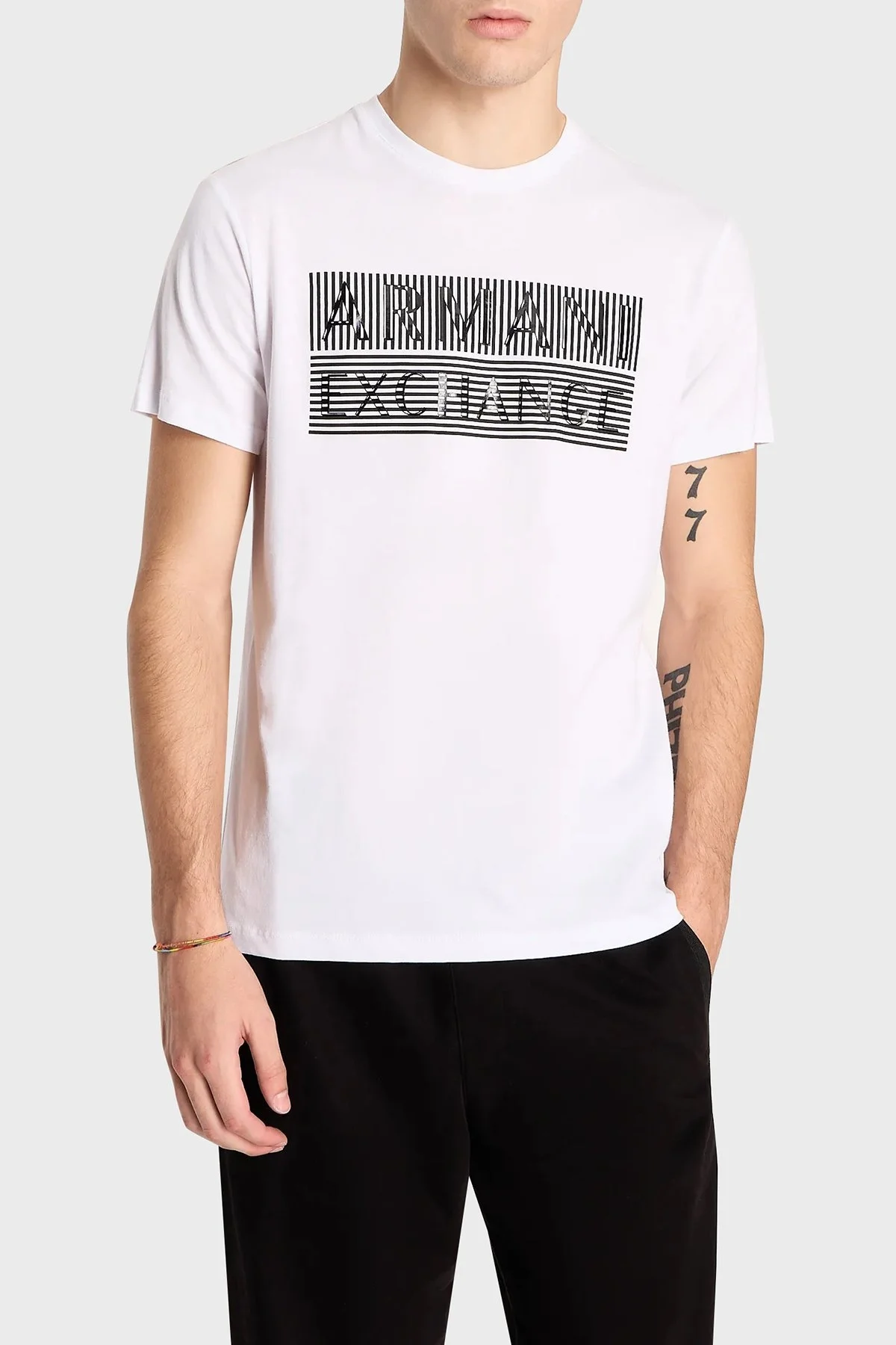 Armani Exchange Logo Baskılı Bisiklet Yaka % 100 Pamuk Slim Fit Erkek T Shirt 6RZTAC ZJ9TZ 1100 BEYAZ - 1