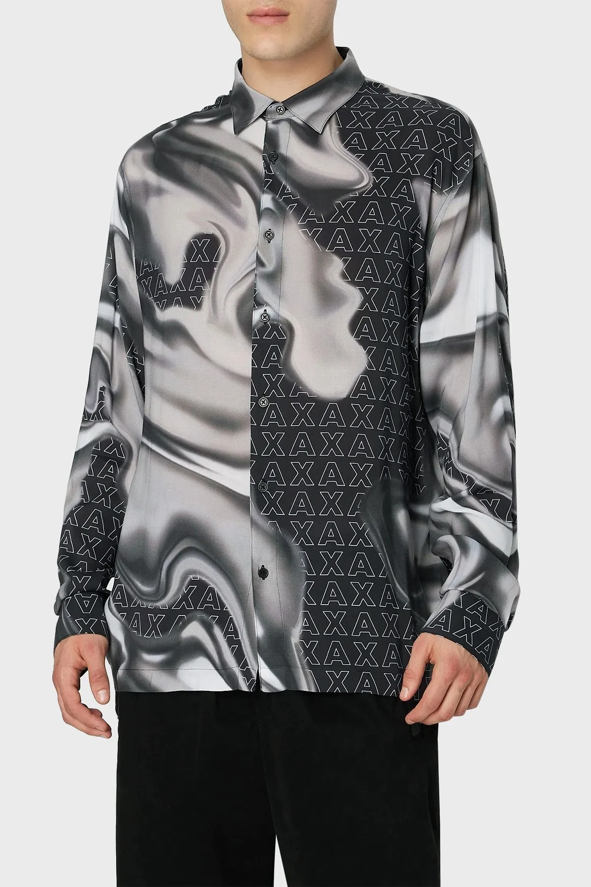 Armani Exchange Logo Baskılı Desenli Erkek Gömlek 6RZC10 ZNRNZ 22BS SİYAH-GRİ - 1