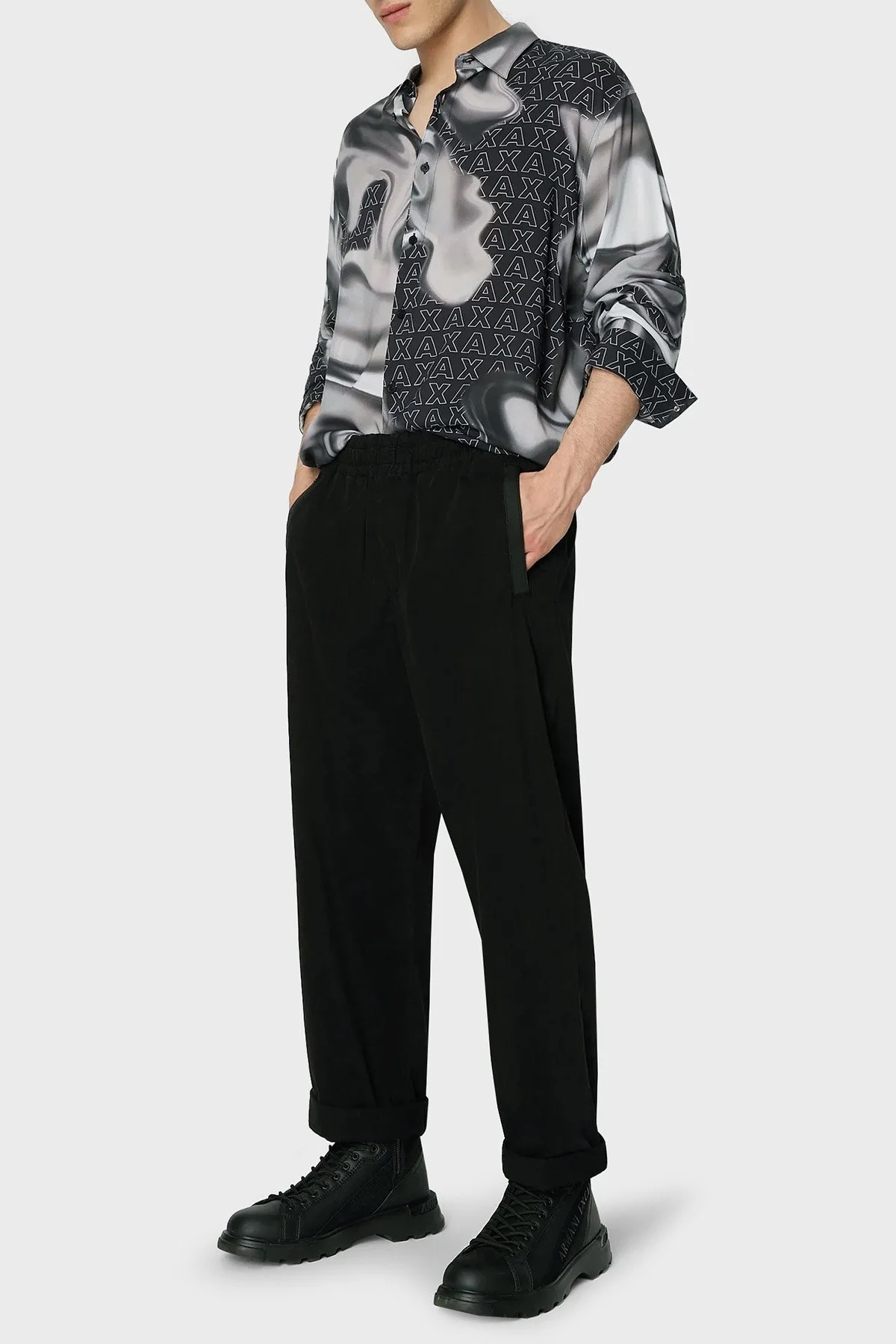 Armani Exchange Logo Baskılı Desenli Erkek Gömlek 6RZC10 ZNRNZ 22BS SİYAH-GRİ - 3