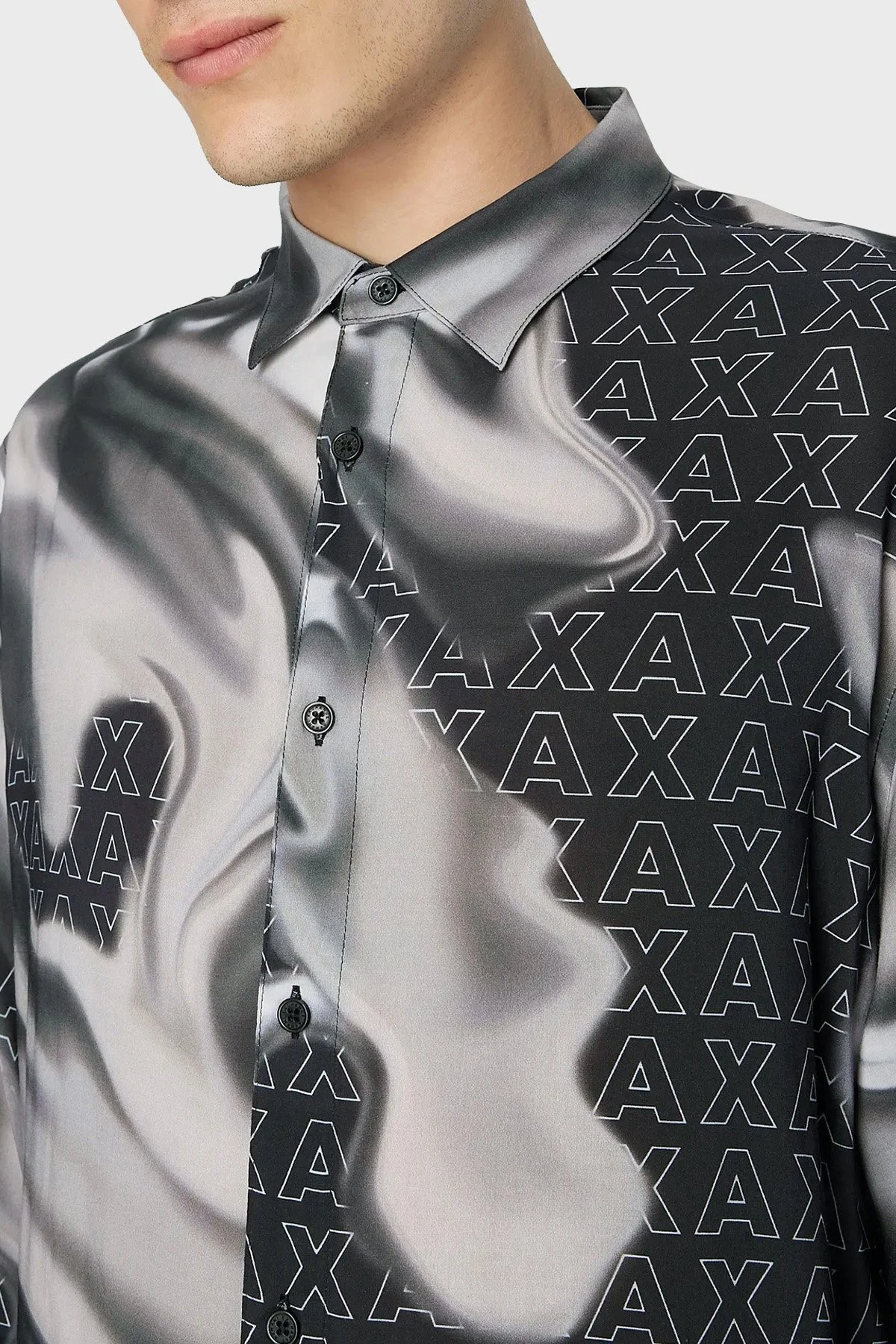 Armani Exchange Logo Baskılı Desenli Erkek Gömlek 6RZC10 ZNRNZ 22BS SİYAH-GRİ - 4