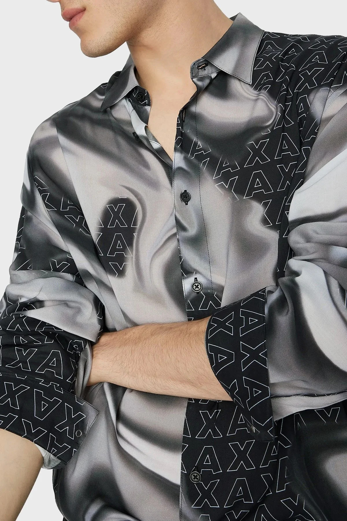 Armani Exchange Logo Baskılı Desenli Erkek Gömlek 6RZC10 ZNRNZ 22BS SİYAH-GRİ - 5