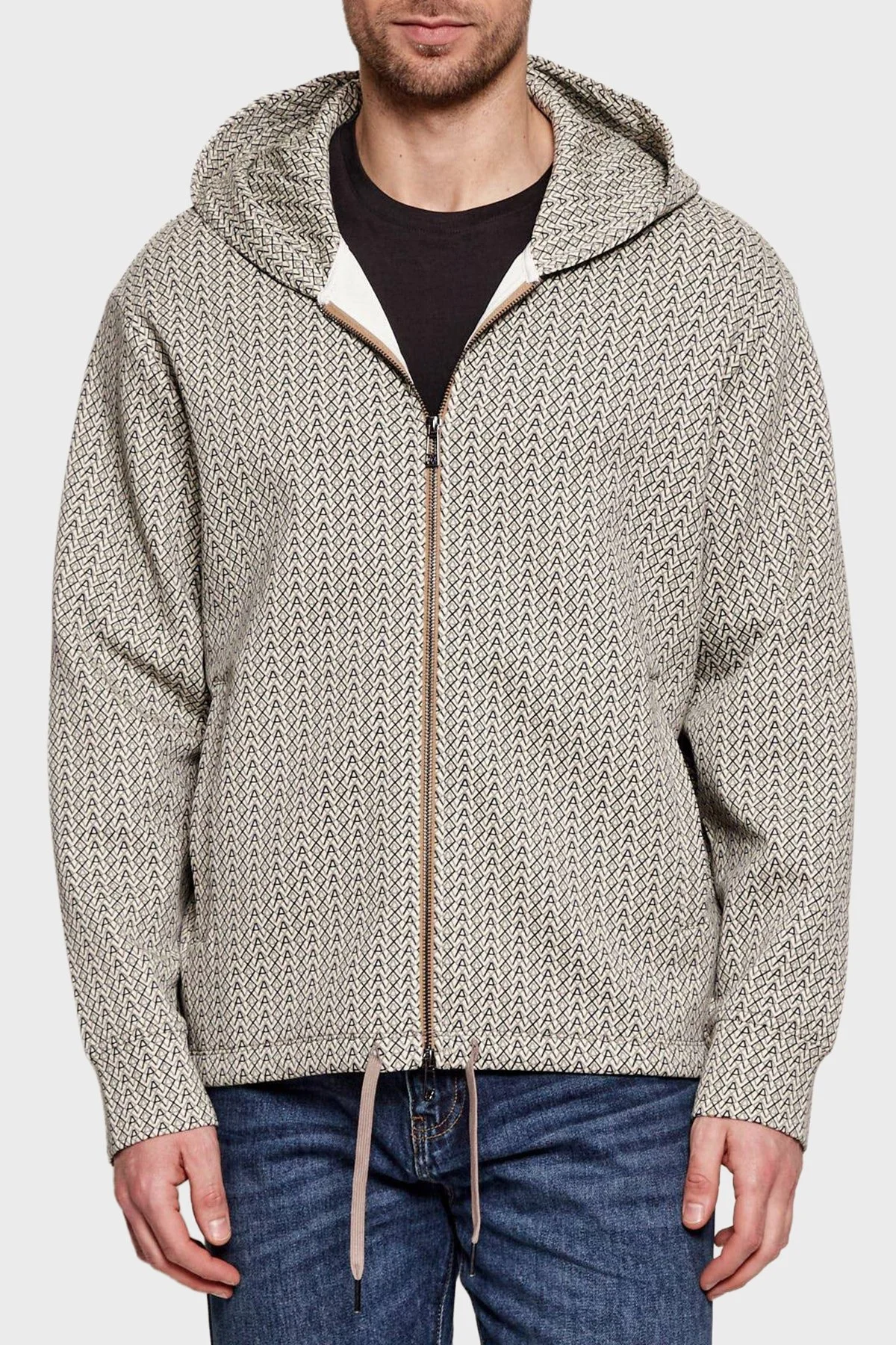 Armani Exchange Logo Baskılı Kapüşonlu Fermuarlı Erkek Sweat XM002013 AF10818 F0143 Krem - 1