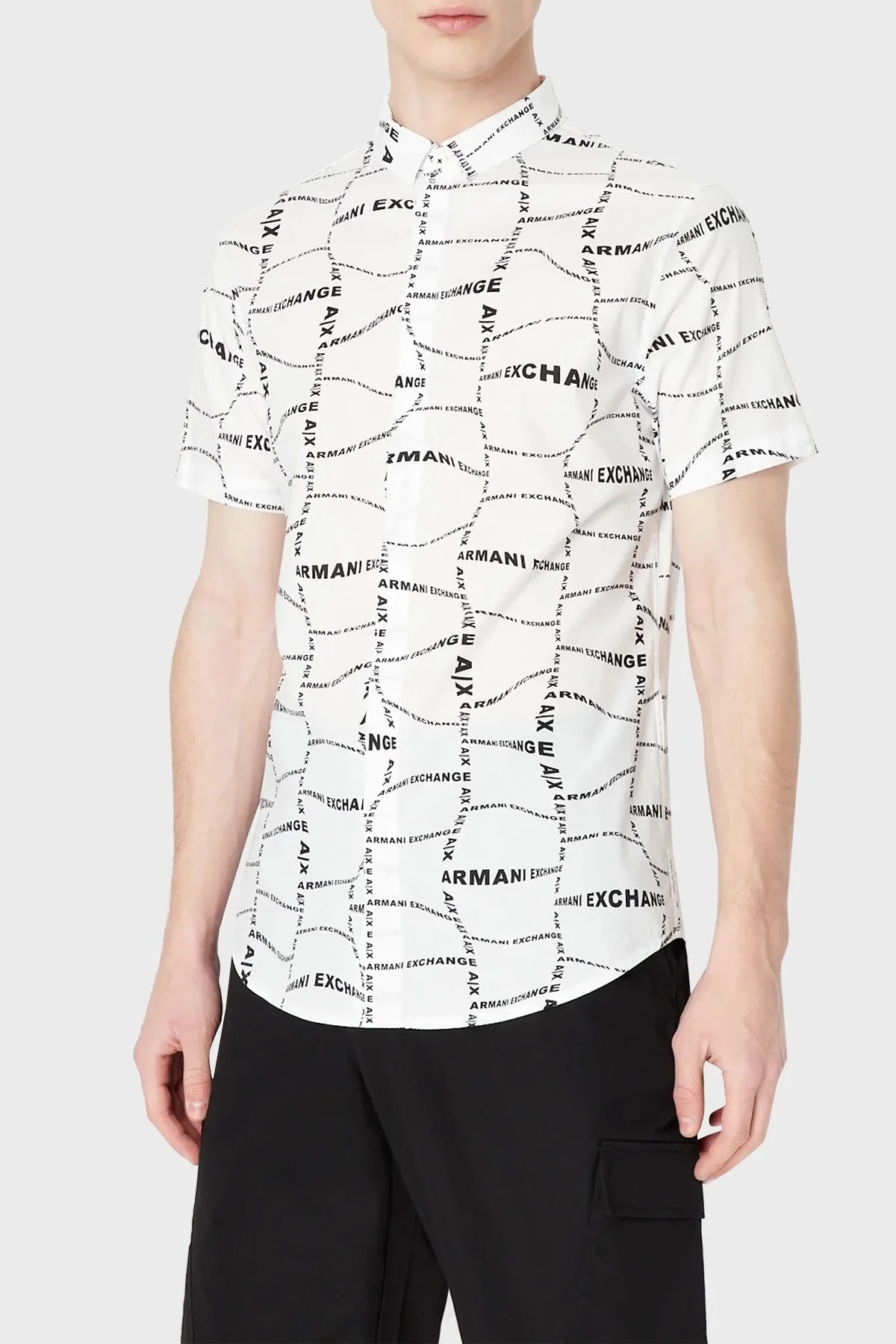 Armani Exchange Logo Baskılı Kısa Kollu Pamuklu Slim Fit Erkek Gömlek 3RZC04 ZNEAZ 21BW BEYAZ - 1