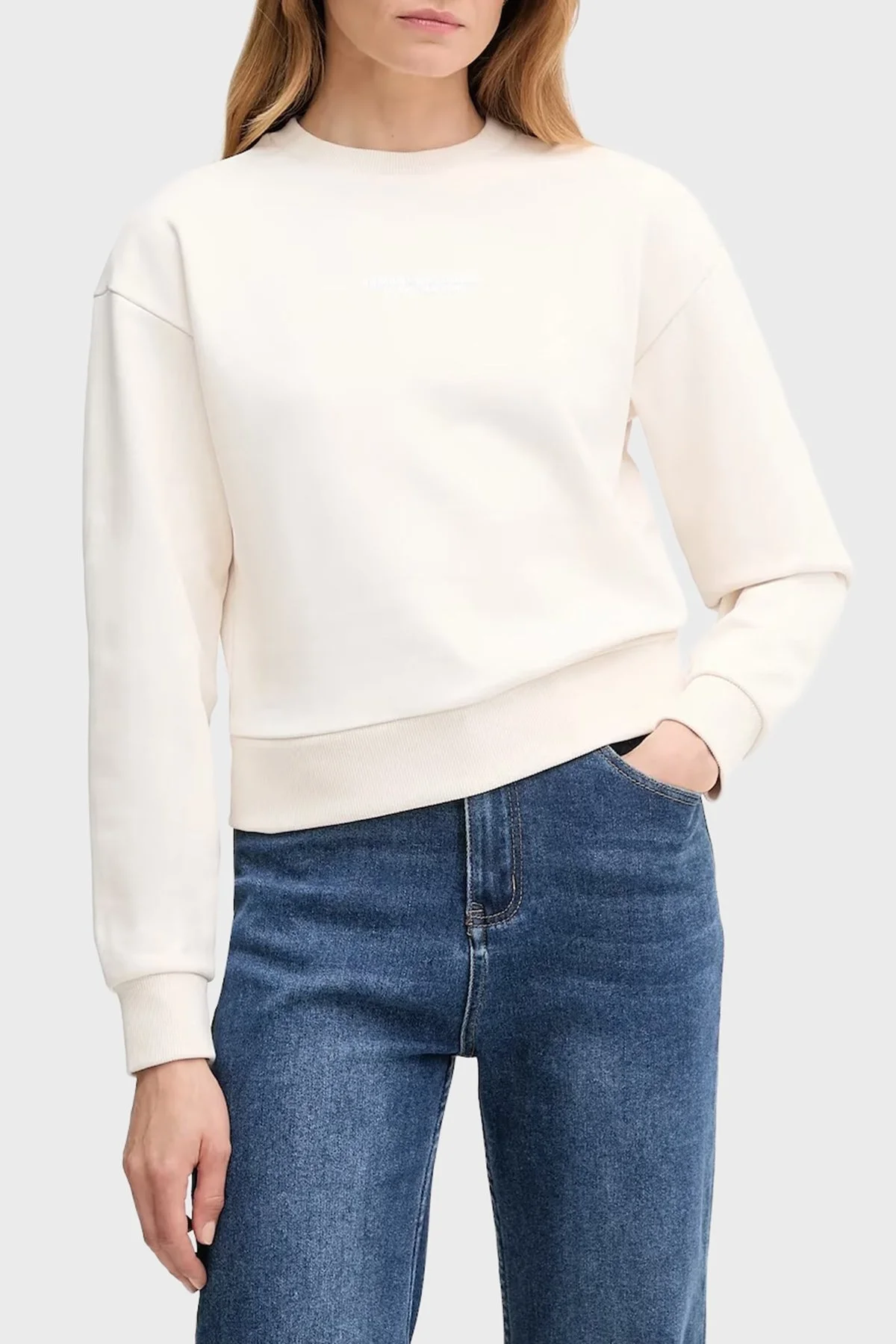 Armani Exchange Logo Baskılı Pamuklu Relaxed Fit Bisiklet Yaka Crop Bayan Sweat XW001451 AF10830 U1003 EKRU - 1