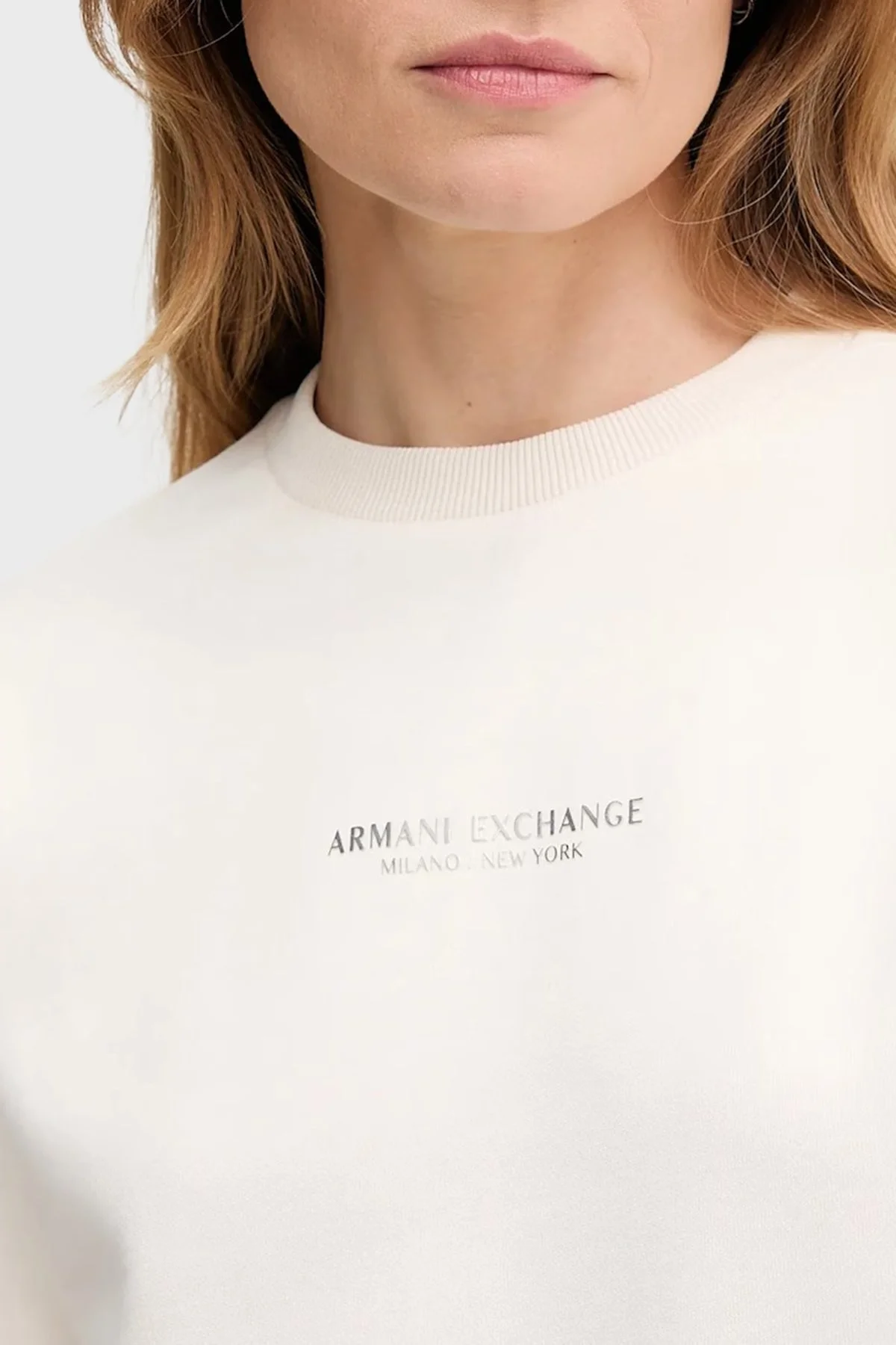 Armani Exchange Logo Baskılı Pamuklu Relaxed Fit Bisiklet Yaka Crop Bayan Sweat XW001451 AF10830 U1003 EKRU - 3