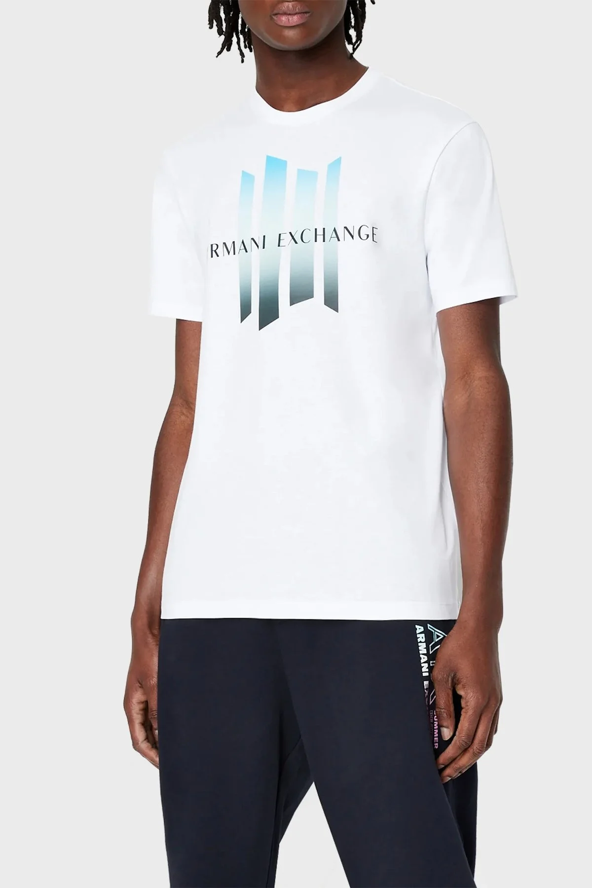 Armani Exchange Logo Desenli % 100 Pamuk Bisiklet Yaka Erkek T Shirt 3RZTCB ZJH4Z 1100 BEYAZ - 1