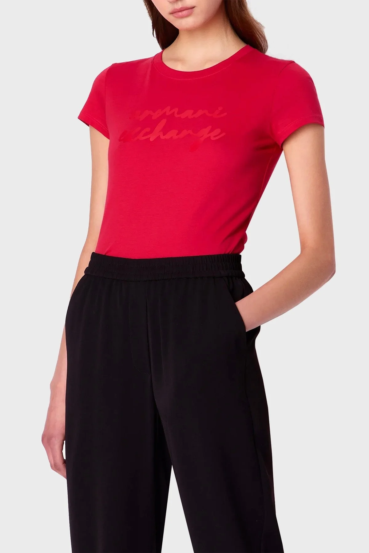 Armani Exchange Logo Yazılı Bisiklet Yaka % 100 Pamuk Regular Fit Bayan T Shirt 6RYT04 YJ16Z 14BB KIRMIZI - 1