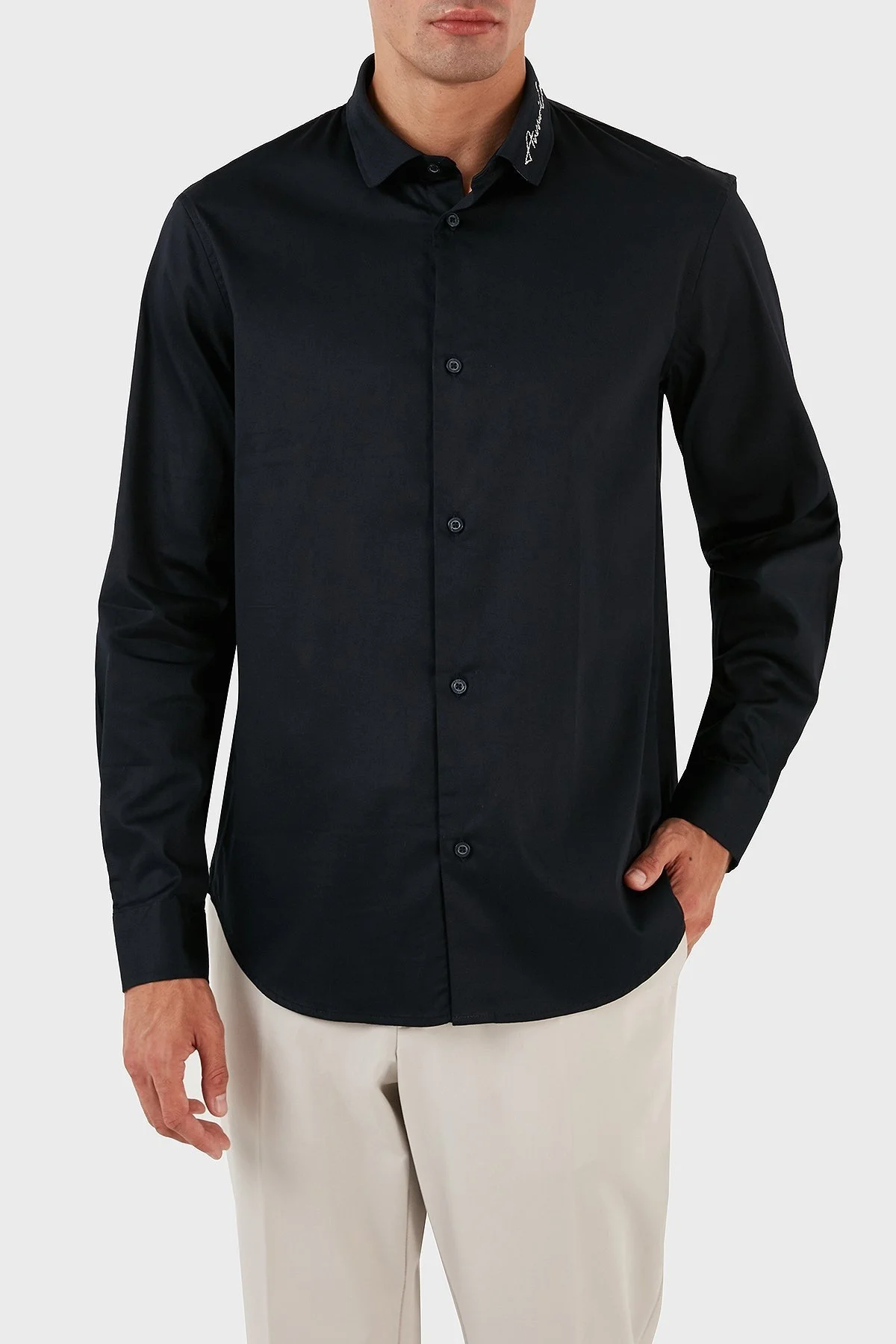 Armani Exchange Logo Yazılı Pamuklu Uzun Kollu Regular Fit Erkek Gömlek 6RZCL2 ZN10Z 1583 LACİVERT - 1