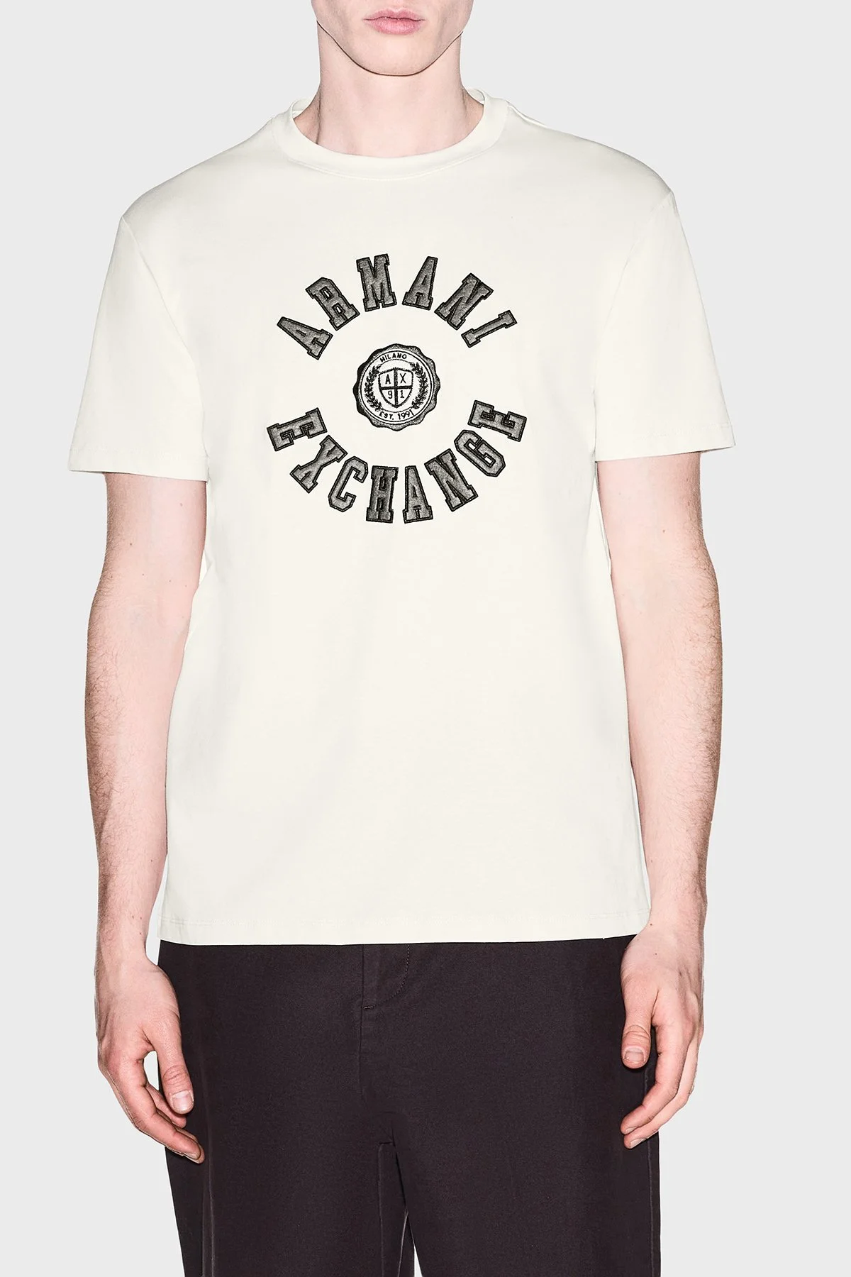 Armani Exchange Logolu % 100 Pamuk Bisiklet Yaka Erkek T Shirt XM003074 AF10362 U0007 Kırık beyaz - 1
