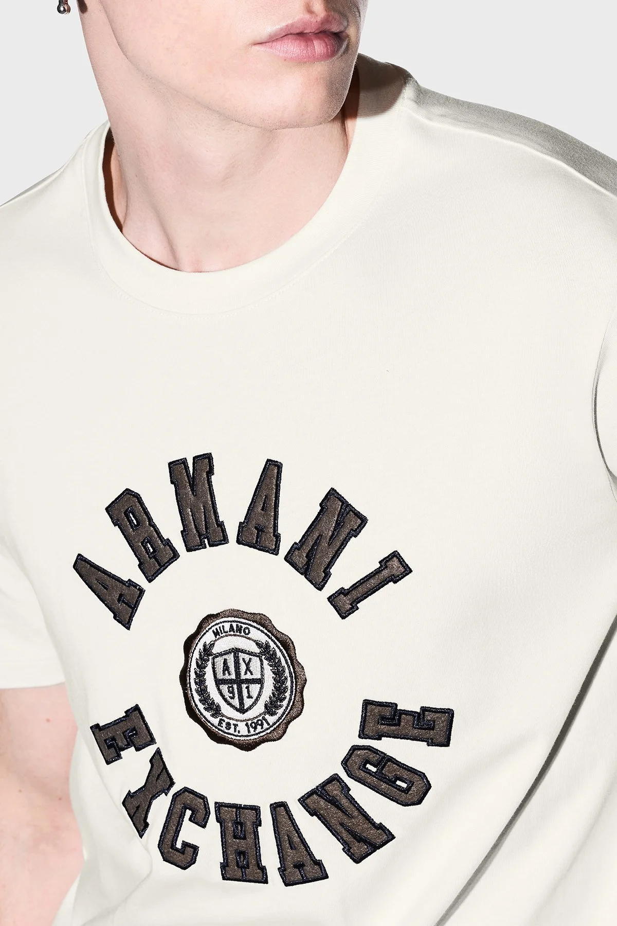 Armani Exchange Logolu % 100 Pamuk Bisiklet Yaka Erkek T Shirt XM003074 AF10362 U0007 Kırık beyaz - 5