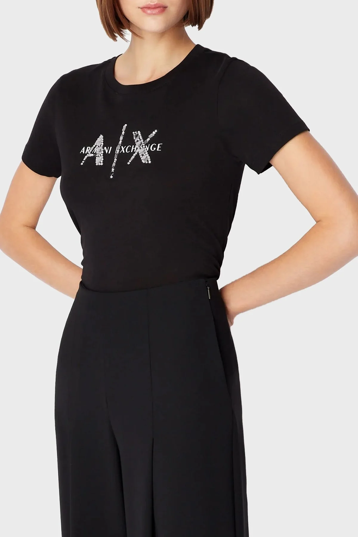 Armani Exchange Logolu % 100 Pamuk Bisiklet Yaka Regular Fit Bayan T Shirt 3RYTBQ YJG3Z 1200 SİYAH - 1