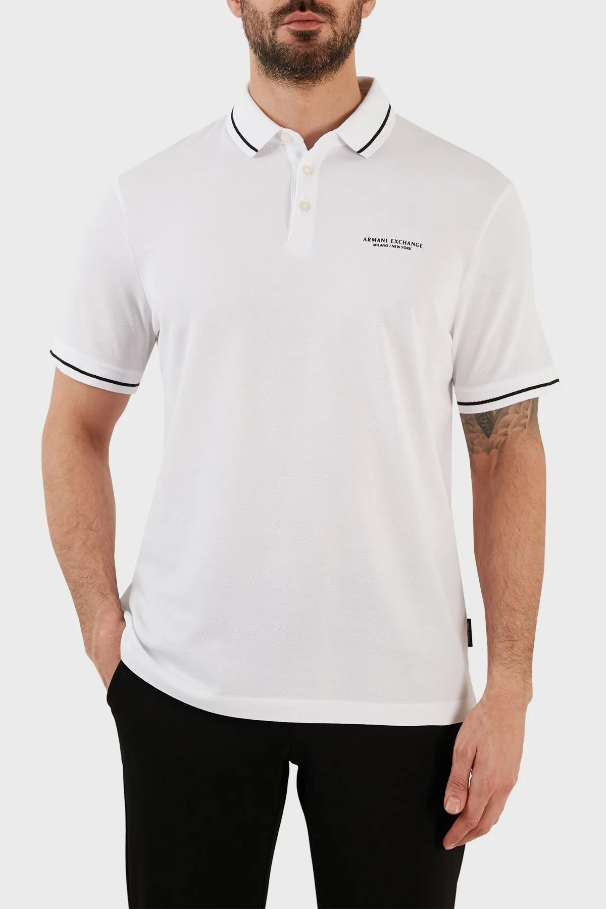 Armani Exchange Logolu % 100 Pamuk Slim Fit Polo T Shirt Erkek Polo Yaka T Shirt 8NZFFM ZJ5DZ 1100 BEYAZ - 1