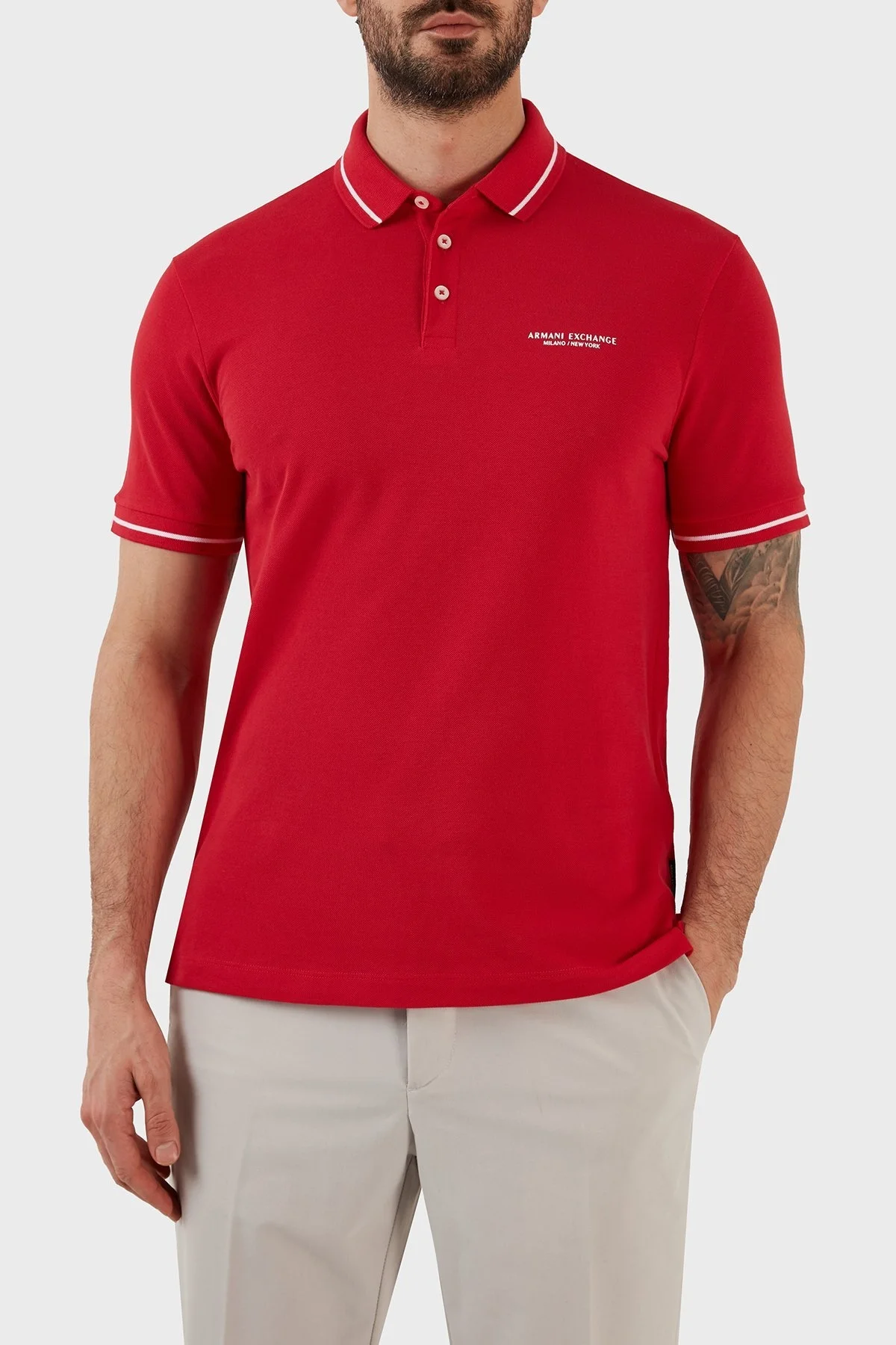 Armani Exchange Logolu % 100 Pamuk Slim Fit Erkek Polo T Shirt 8NZFFM ZJ5DZ 14AQ KIRMIZI - 1