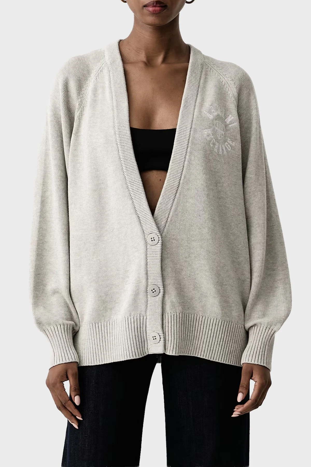Armani Exchange Logolu % 100 Pamuk V Yaka Düğmeli Kadın Hırka XW002878 AF16552 O8019 Gri melanj - 1
