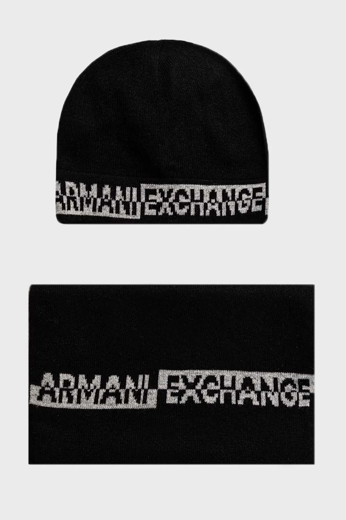 Armani Exchange Logolu Atkı Bere Erkek Takım XM000337 AF12274 FC027 SİYAH-GRİ - 1