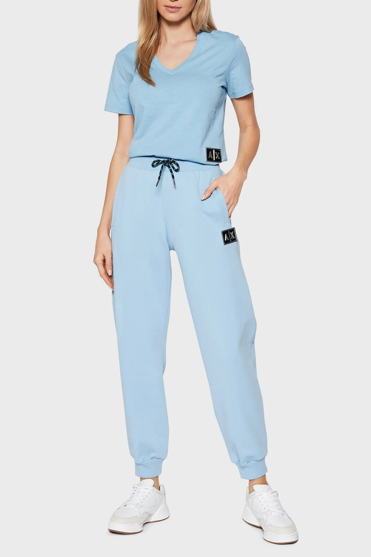 Armani Exchange Logolu Belden Bağlamalı % 100 Pamuk Kadın Pantolon 3LYP75 YJ6UZ 15BL AÇIK MAVİ - 1