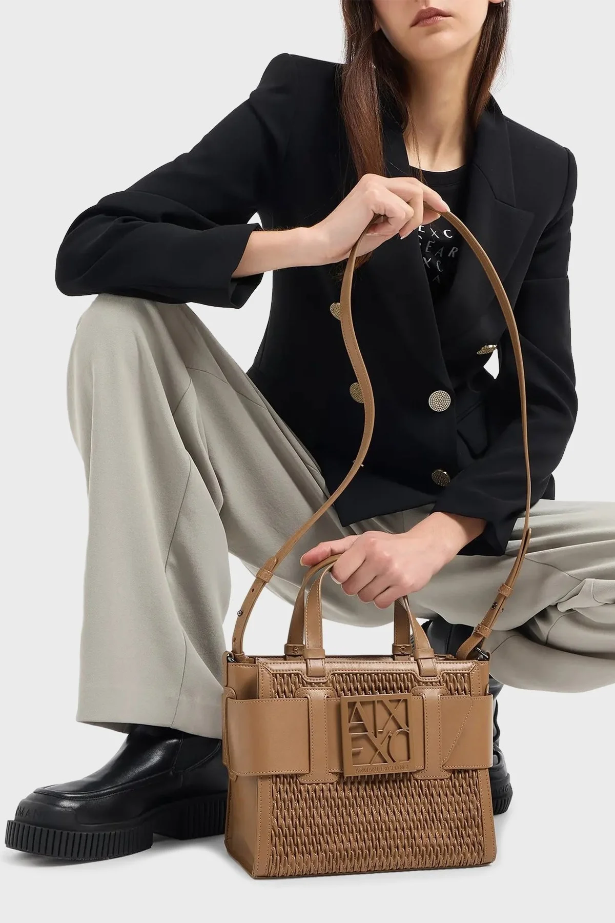 Armani Exchange Logolu Çıkarılabilir Askılı Delikli Tote Bayan Çanta 942690 4F798 14949 TABA - 2