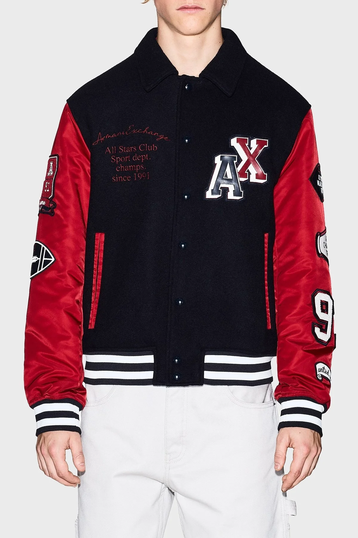 Armani Exchange Logolu İşleme Detaylı Yün Karışımlı Relaxed Fit Bomber Erkek Ceket XM001106 AF16601 MB164 LACİVERT-KIRMIZI - 1