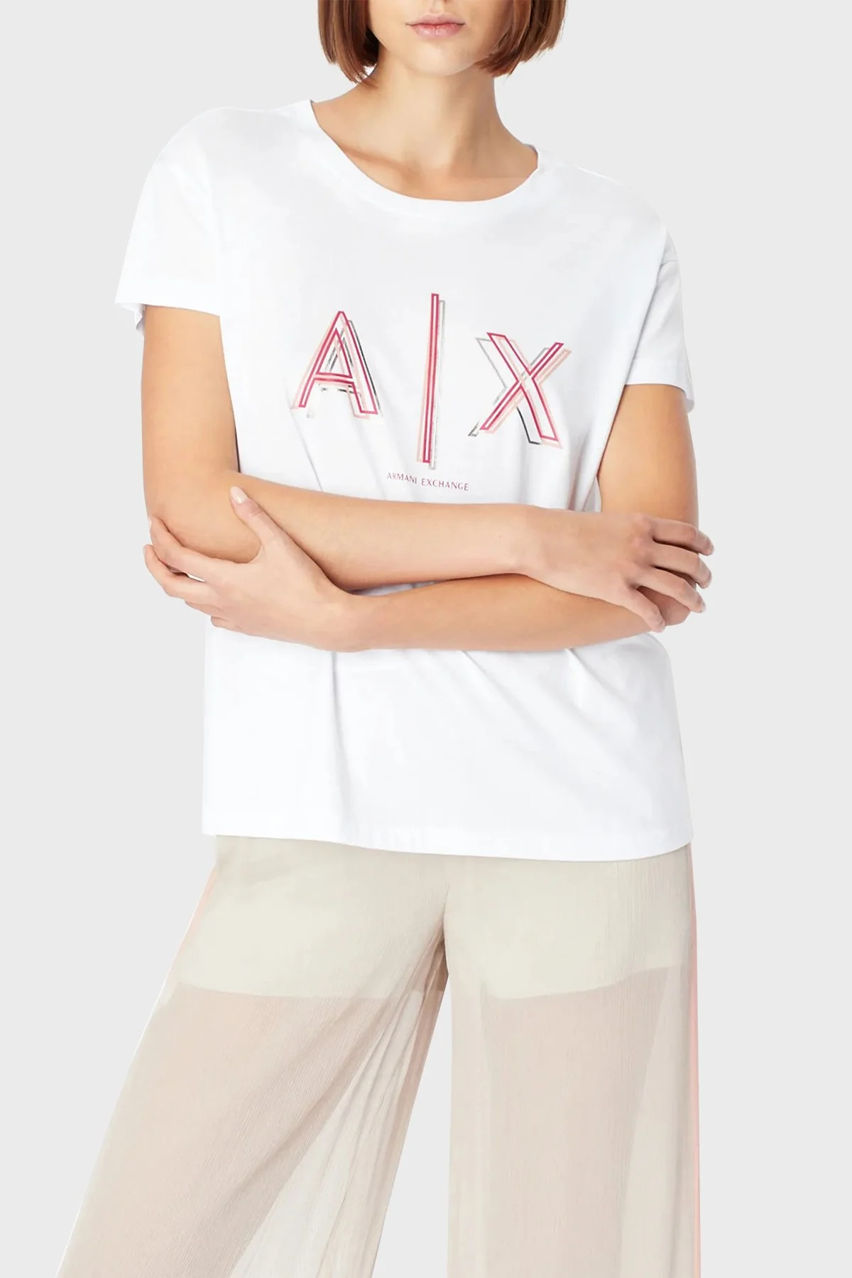 Armani Exchange Logolu Jarse Pamuklu Boyfriend Fit Kadın T Shirt 3RYTEJ YJ16Z 1000 BEYAZ - 1