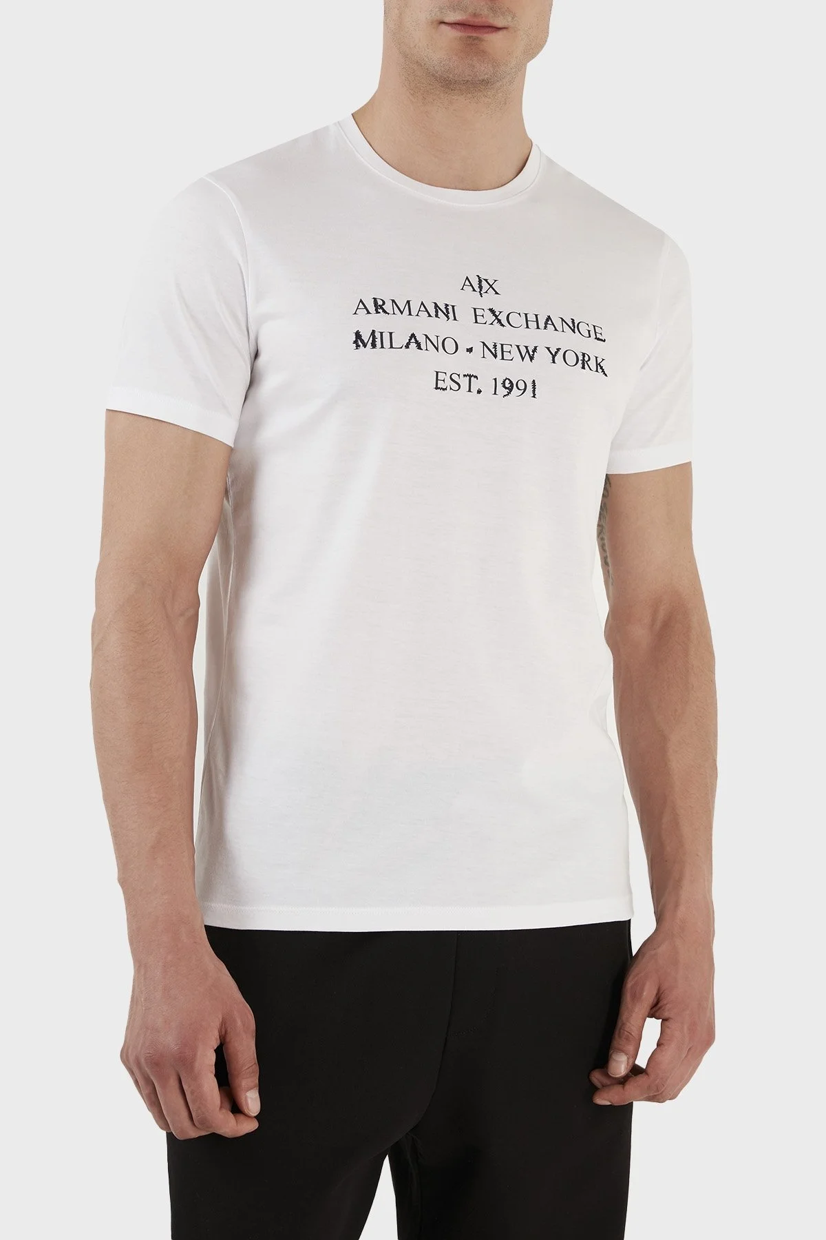 Armani Exchange Logolu Organik Jarse Pamuklu Bisiklet Yaka Slim Fit Erkek T Shirt 3RZTBD ZJA5Z 1100 BEYAZ - 1