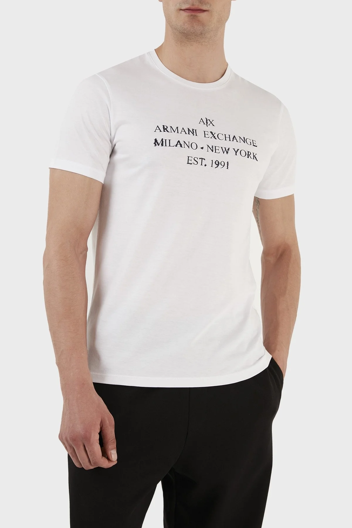 Armani Exchange Logolu Organik Jarse Pamuklu Bisiklet Yaka Slim Fit Erkek T Shirt 3RZTBD ZJA5Z 1100 BEYAZ - 2