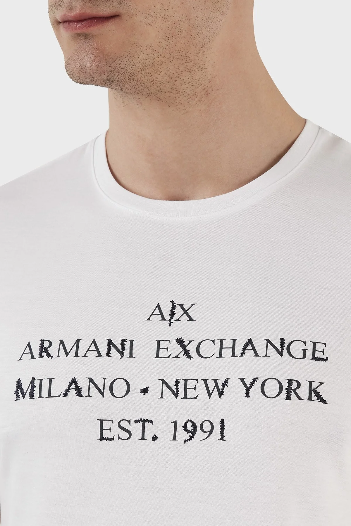Armani Exchange Logolu Organik Jarse Pamuklu Bisiklet Yaka Slim Fit Erkek T Shirt 3RZTBD ZJA5Z 1100 BEYAZ - 5