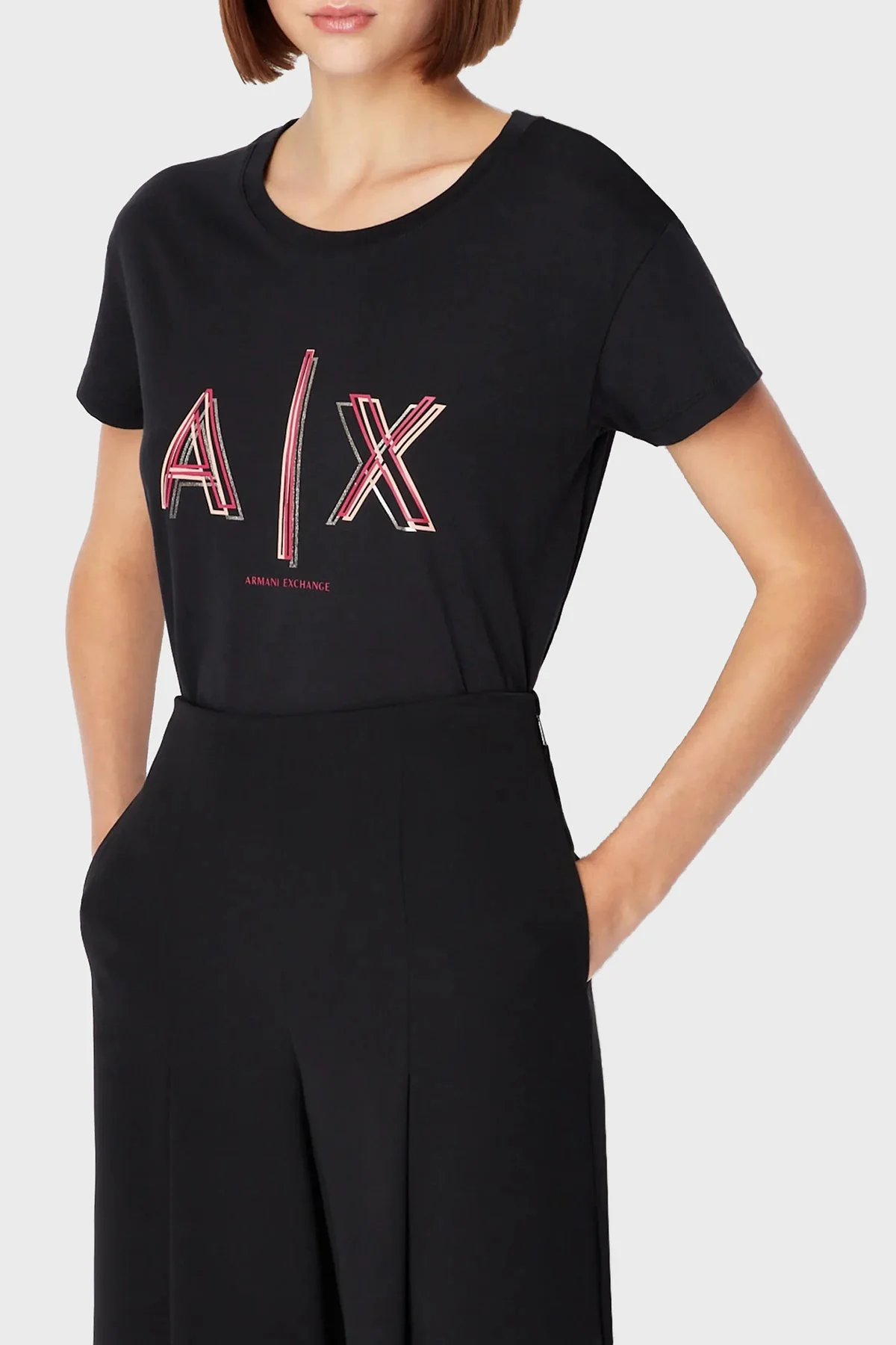 Armani Exchange Logolu Pamuklu Jarse Boyfriend Fit Bisiklet Yaka Kadın T Shirt 3RYTEJ YJ16Z 1200 SİYAH - 1