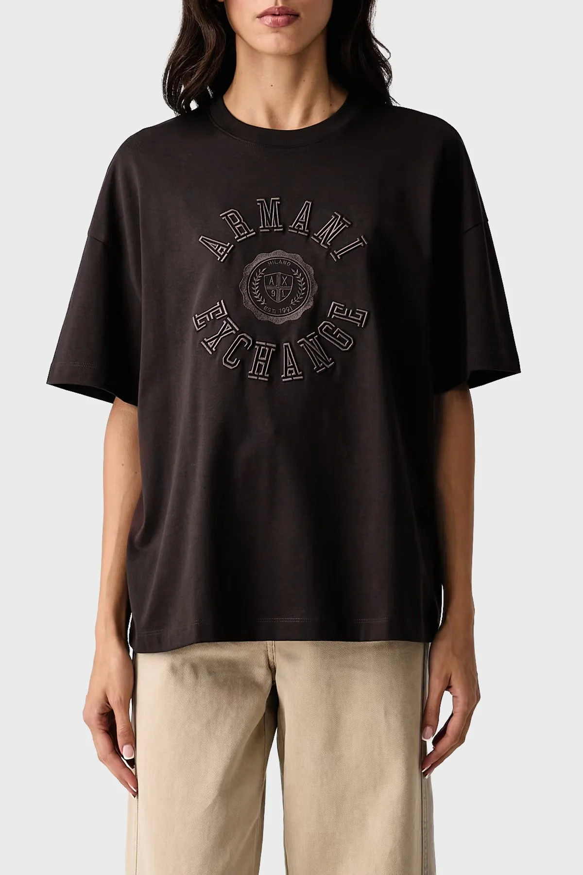 Armani Exchange Logolu Pamuklu Oversize Bisiklet Yaka Kadın T Shirt XW002959 AF15085 U6032 Kahve - 1