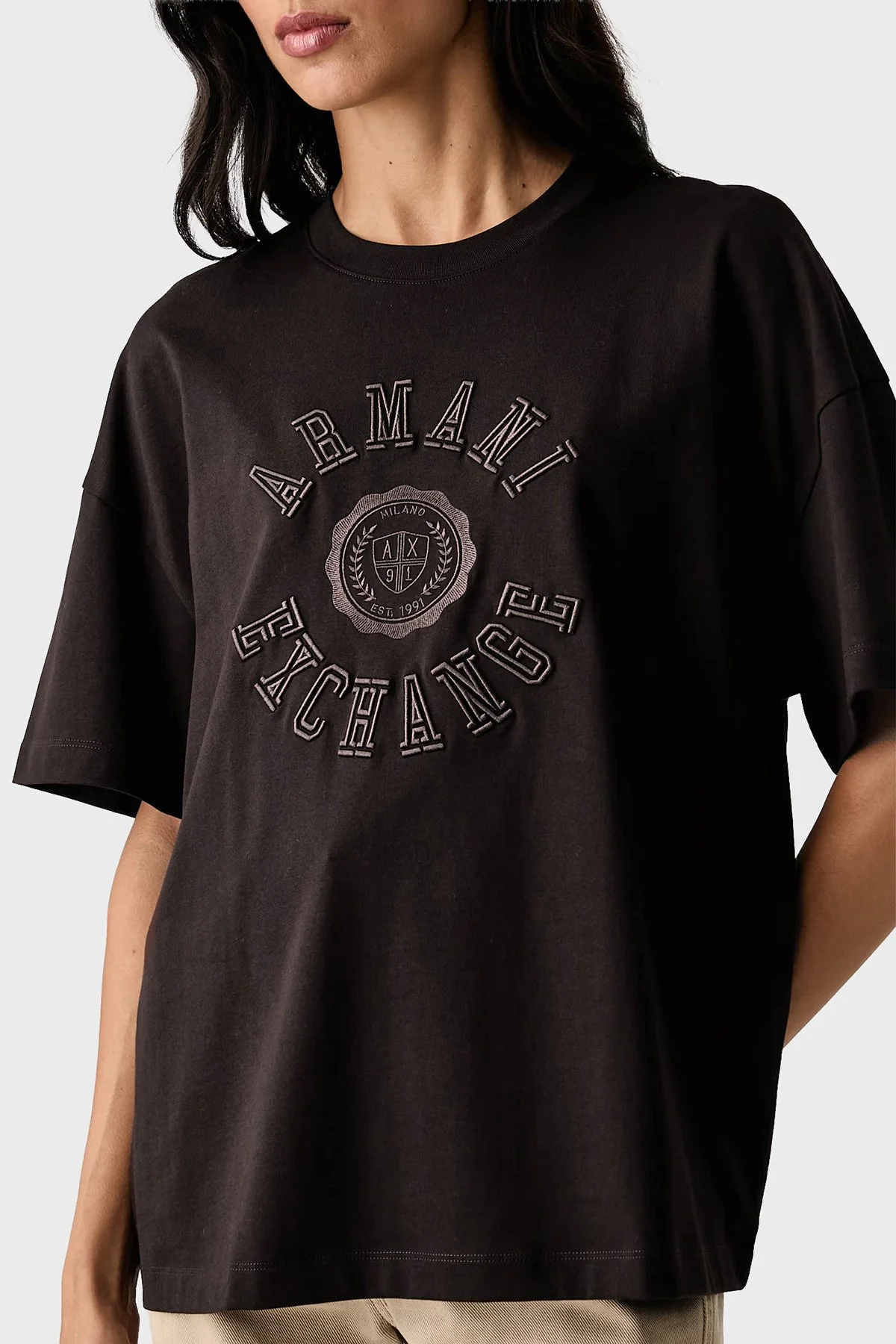 Armani Exchange Logolu Pamuklu Oversize Bisiklet Yaka Kadın T Shirt XW002959 AF15085 U6032 Kahve - 4