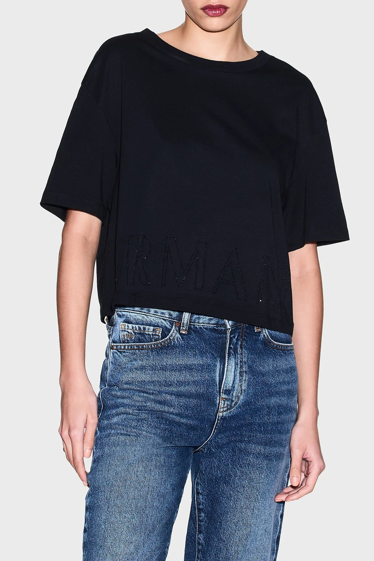 Armani Exchange Logolu Pamuklu Relaxed Fit Bisiklet Yaka Crop Bayan T Shirt XW001709 AF17172 UC001 SİYAH - 1