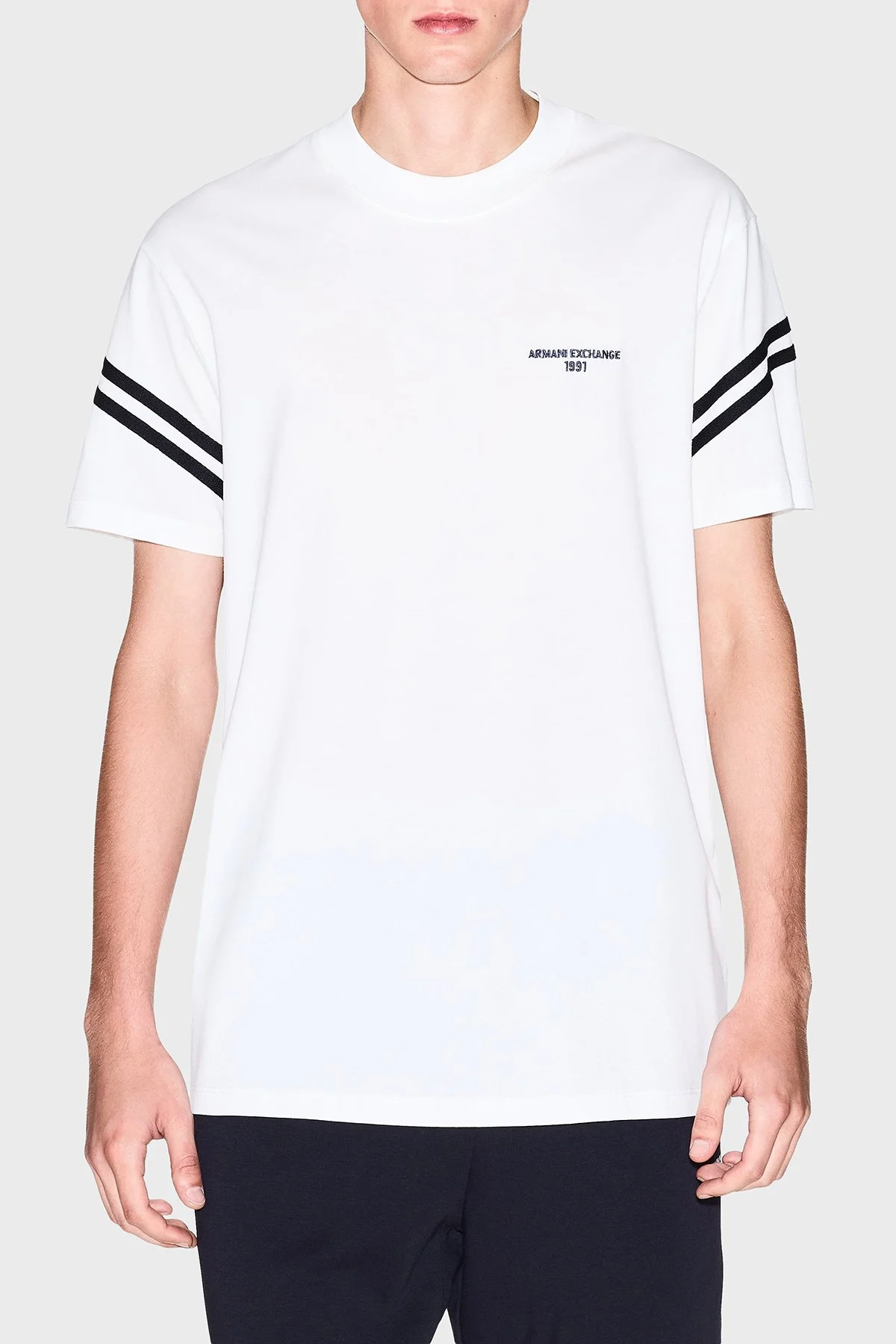 Armani Exchange Logolu Pamuklu Şerit Detaylı Regular Fit Bisiklet Yaka Erkek T Shirt XM001081 AF12308 U0009 BEYAZ - 6