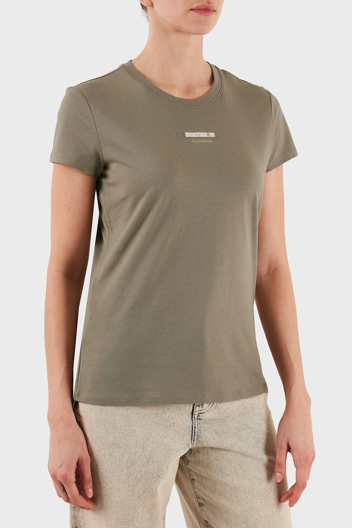 Armani Exchange Logolu Pamuklu Slim Fit Bisiklet Yaka Bayan T Shirt XW001369 AF10356 U6242 BEJ - 3