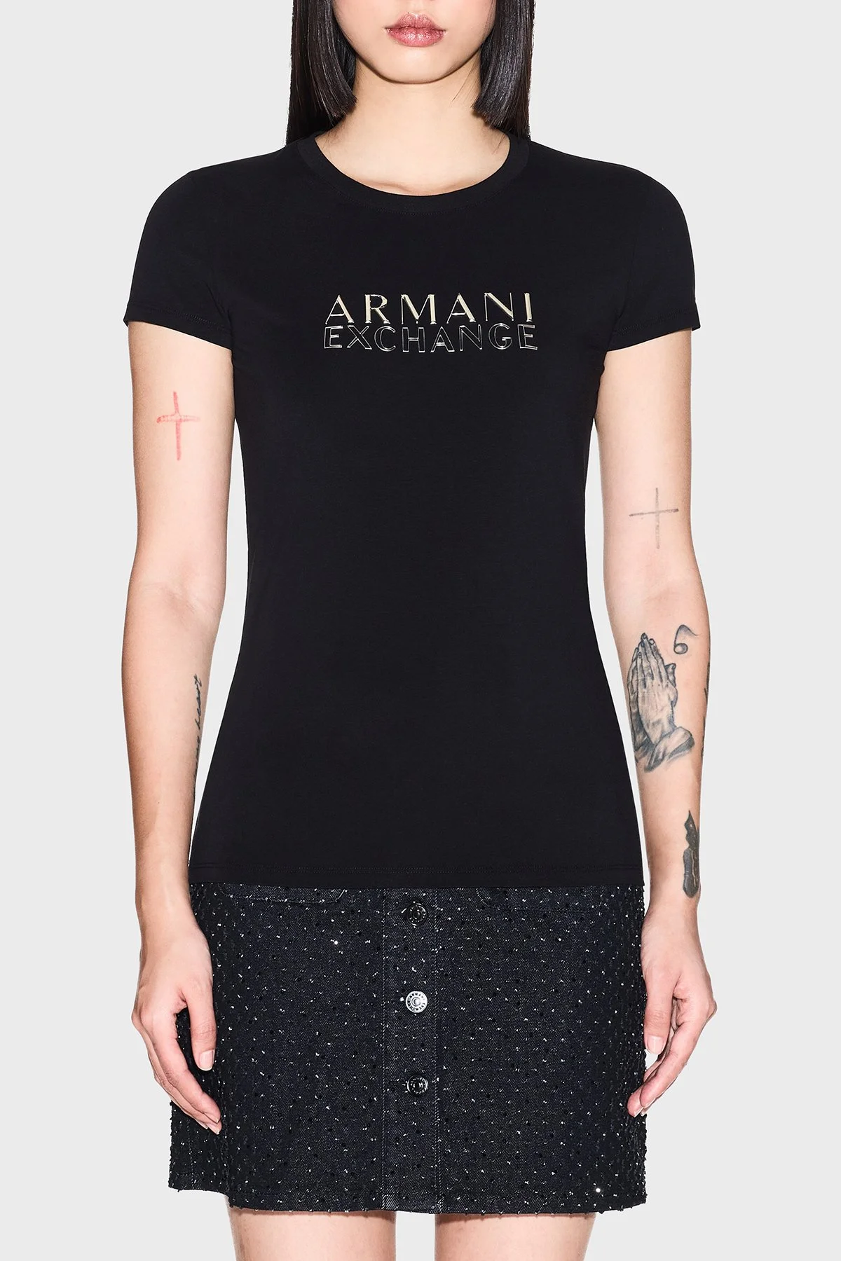 Armani Exchange Logolu Pamuklu Slim Fit Bisiklet Yaka Bayan T Shirt XW001837 AF16294 UC001 SİYAH - 1