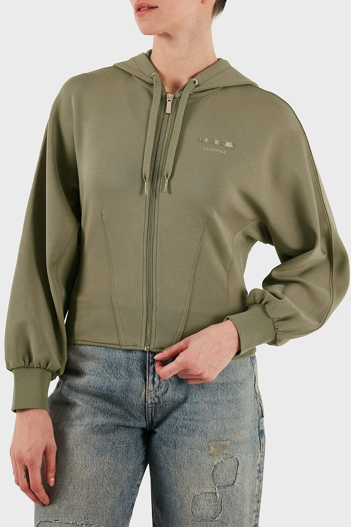 Armani Exchange Logolu Regular Fit Kapüşonlu Fermuarlı Bayan Sweat XW000802 AF16111 U6242 BEJ - 3