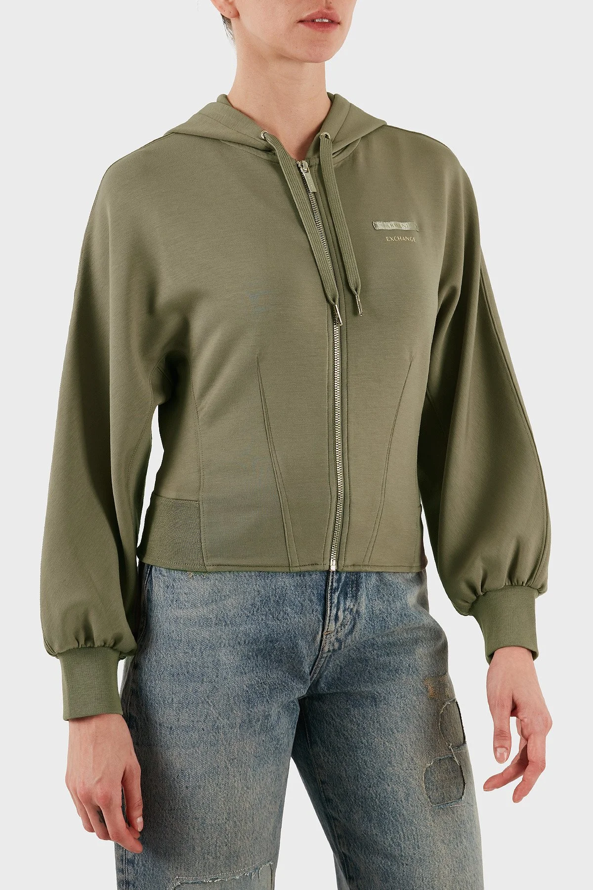 Armani Exchange Logolu Regular Fit Kapüşonlu Fermuarlı Bayan Sweat XW000802 AF16111 U6242 BEJ - 4