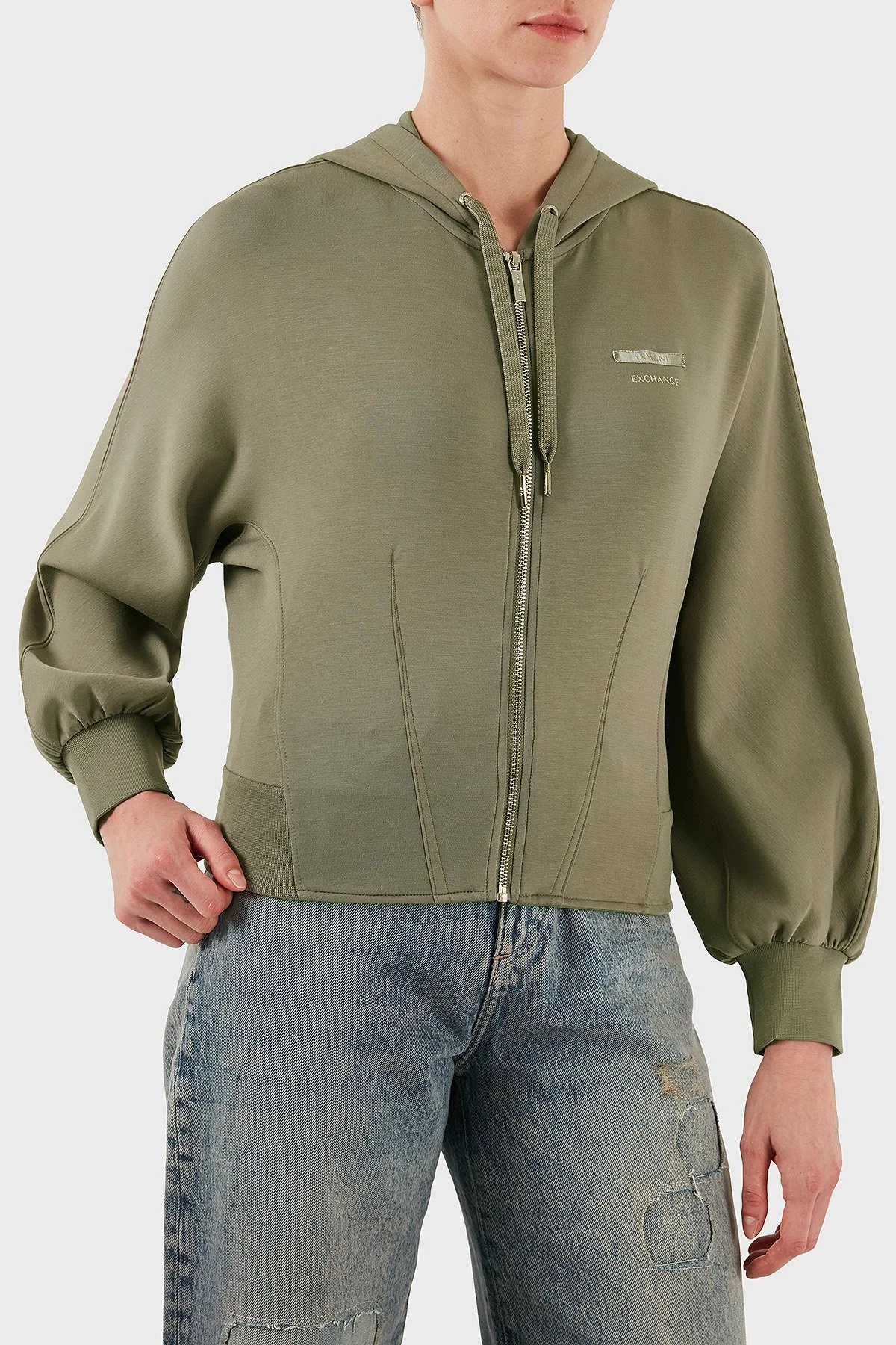 Armani Exchange Logolu Regular Fit Kapüşonlu Fermuarlı Bayan Sweat XW000802 AF16111 U6242 BEJ - 5