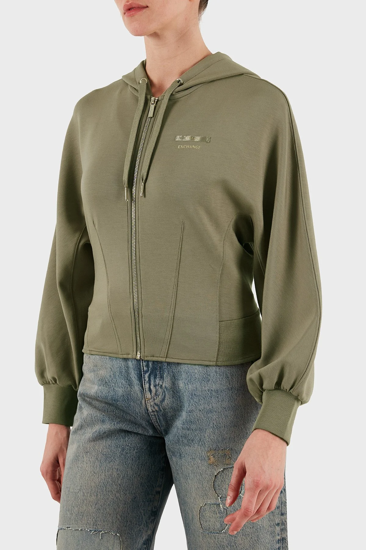 Armani Exchange Logolu Regular Fit Kapüşonlu Fermuarlı Bayan Sweat XW000802 AF16111 U6242 BEJ - 6