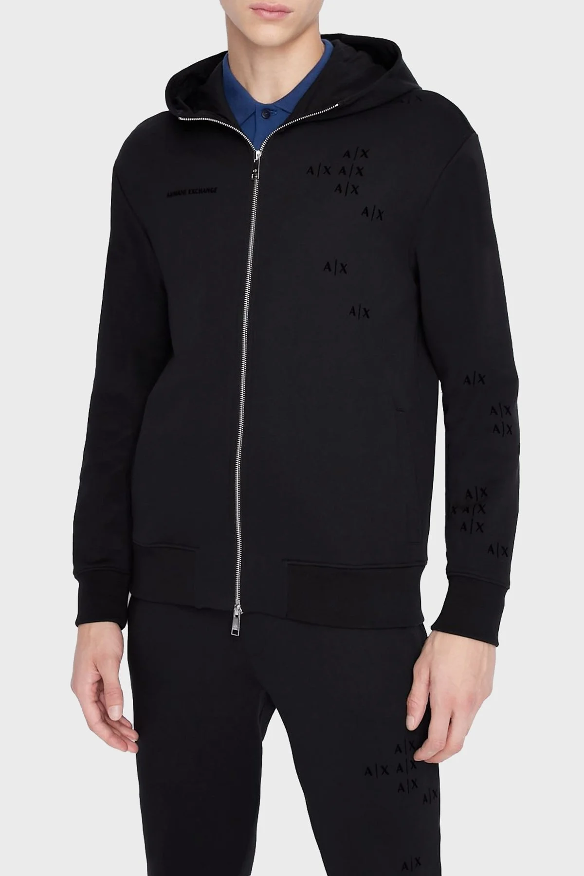Armani Exchange Logolu Regular Fit Kapüşonlu Fermuarlı Pamuklu Erkek Sweat 6LZMAT ZJBWZ 1200 SİYAH - 1