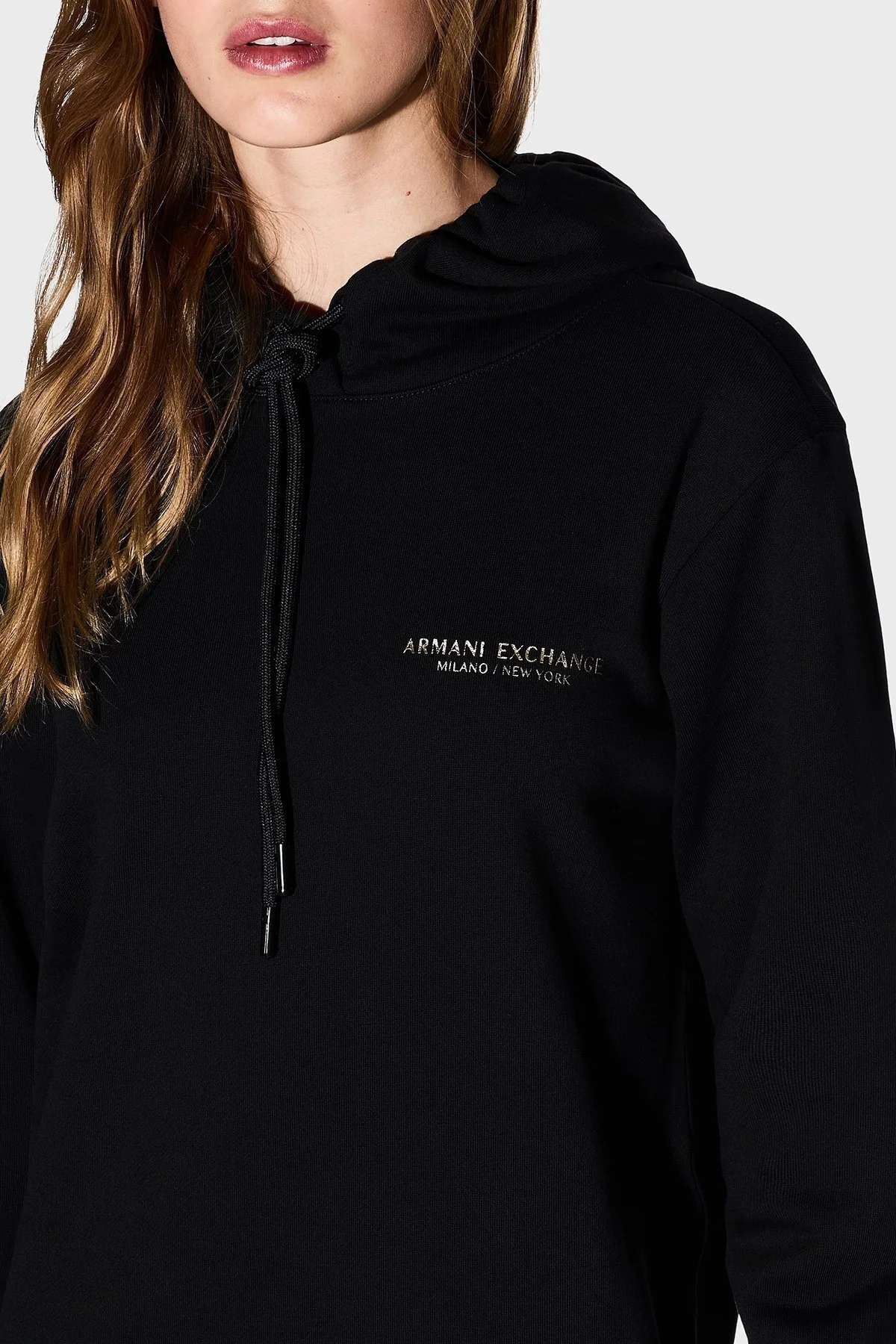 Armani Exchange Logolu Streç Pamuklu Regular Fit Kapüşonlu Mini Bayan Elbise XW001453 AF10830 MC021 SİYAH-GOLD - 3
