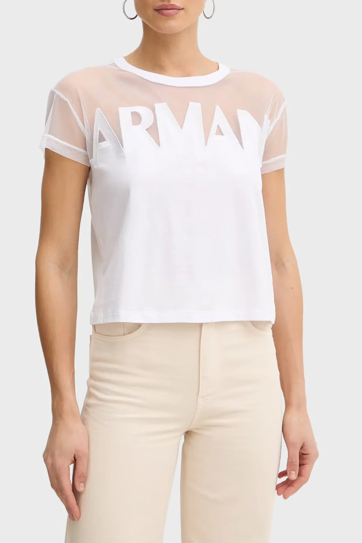 Armani Exchange Logolu Transparan Omuz Detaylı Pamuklu Kadın T Shirt XW002332 AF10356 U0002 Beyaz - 1