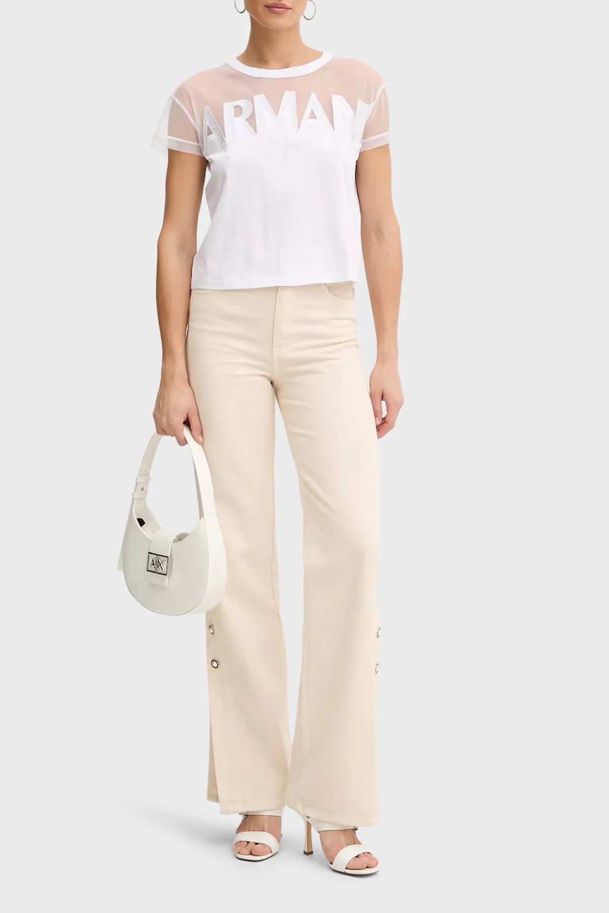 Armani Exchange Logolu Transparan Omuz Detaylı Pamuklu Kadın T Shirt XW002332 AF10356 U0002 Beyaz - 2